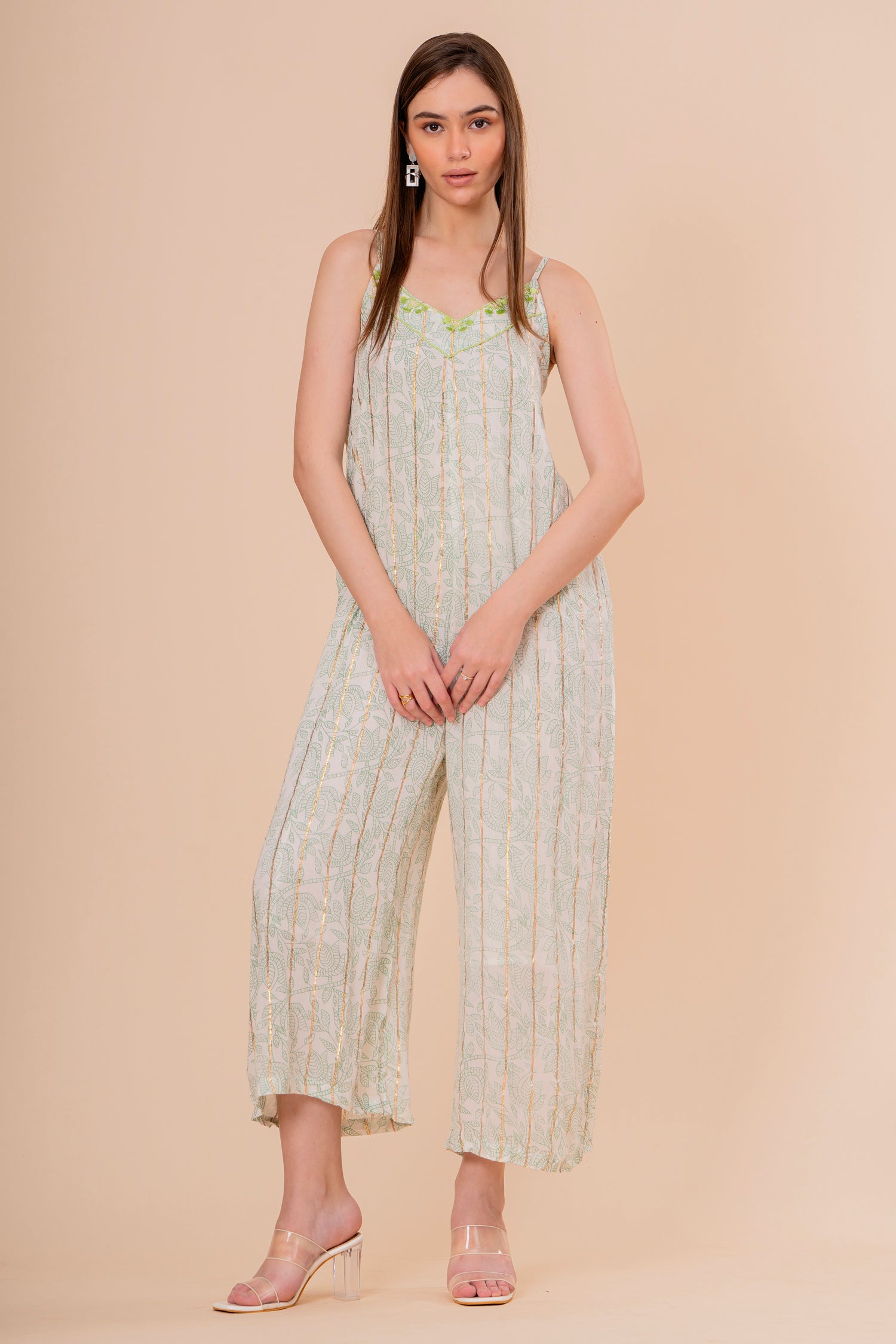 Mono Jumpsuit Tirantes Blanco con Bordado Verde Neón