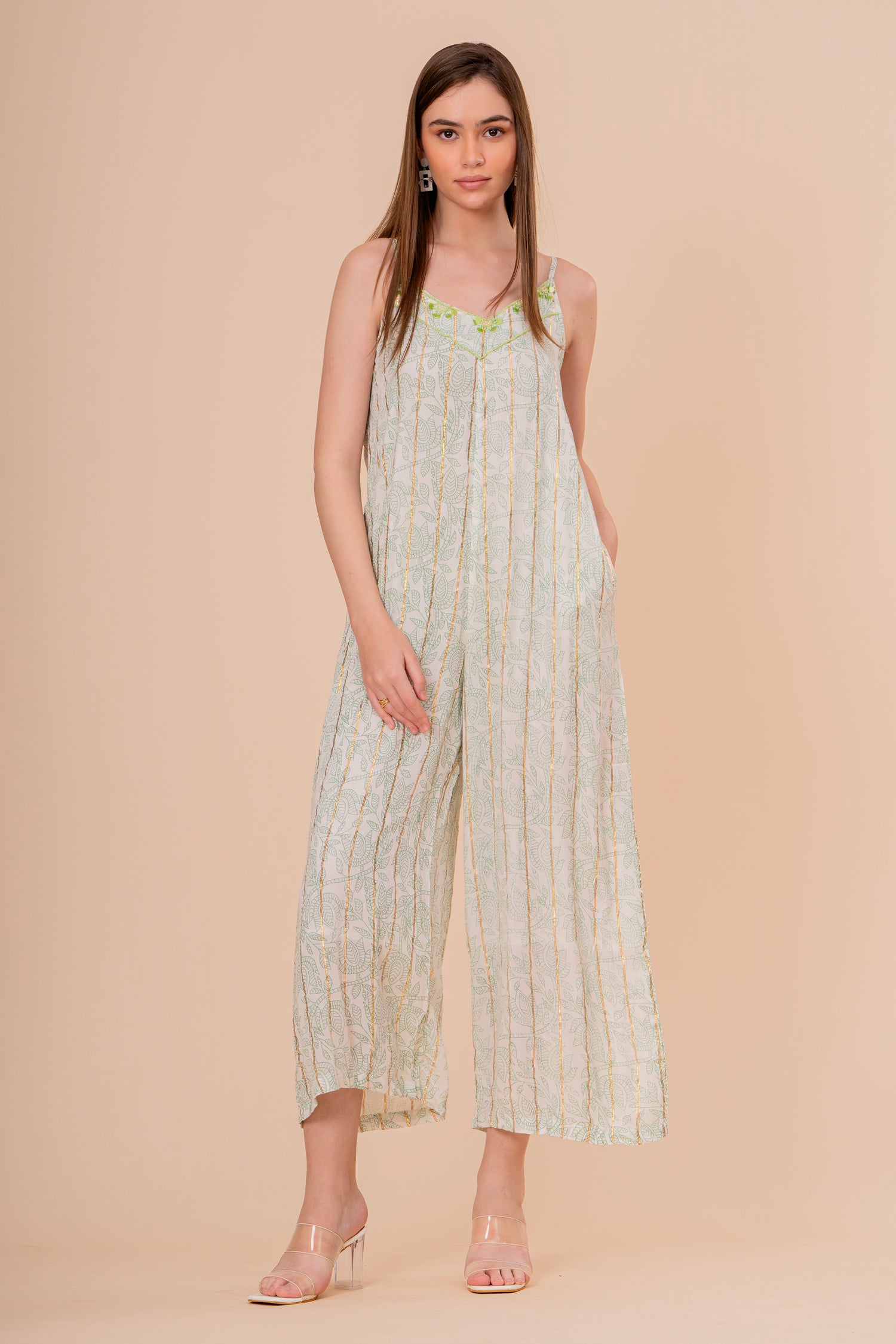 Mono Jumpsuit Tirantes Blanco con Bordado Verde Neón