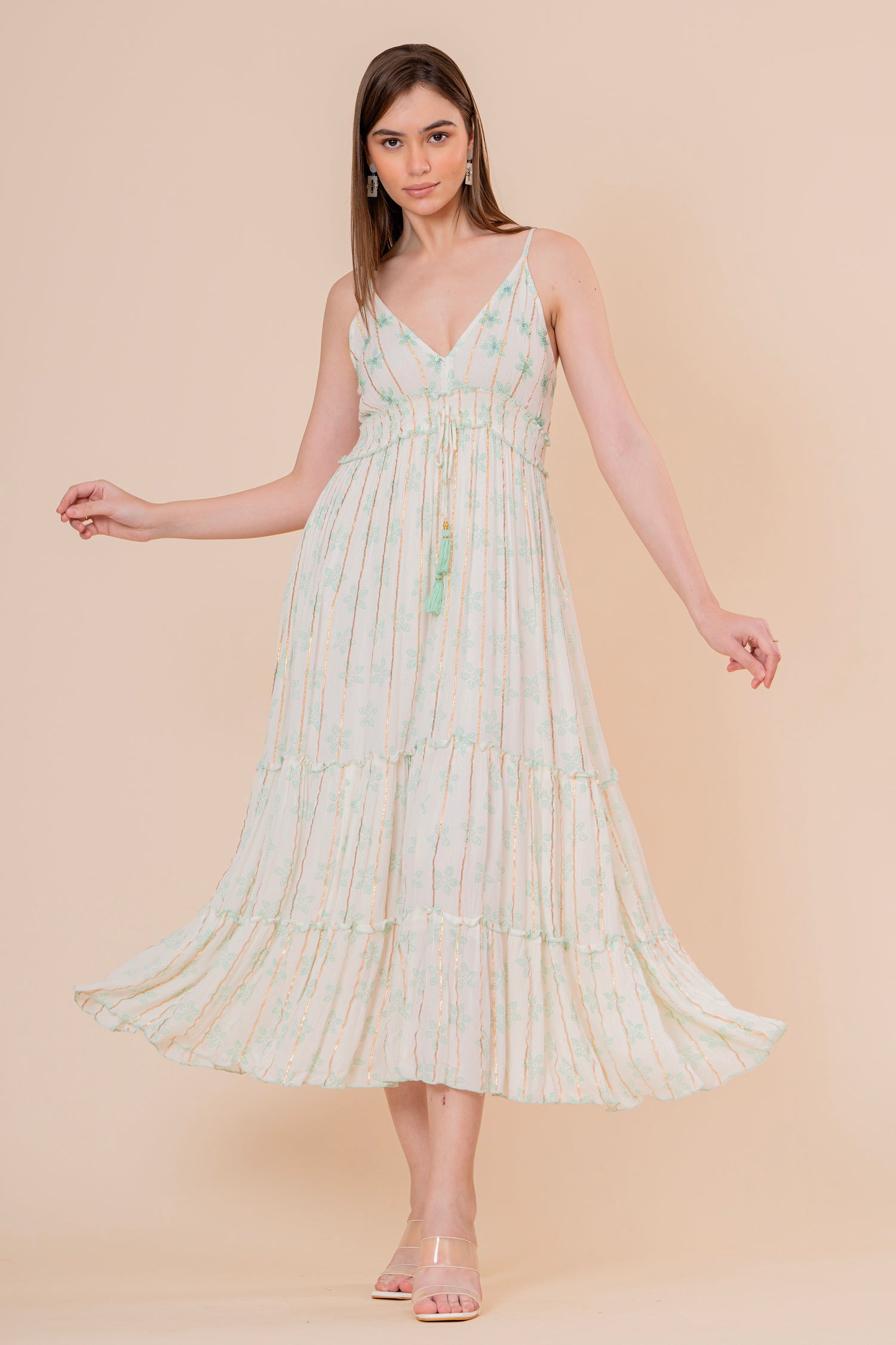 Vestido Midi Kaftán Estampado Coral y Azul con Borlas