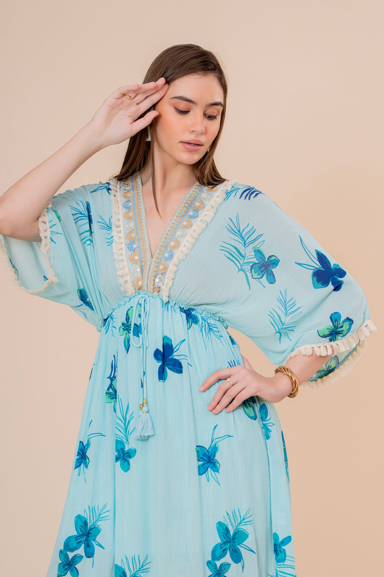 Vestido Maxi Corte Imperio Estampado Floral Azul