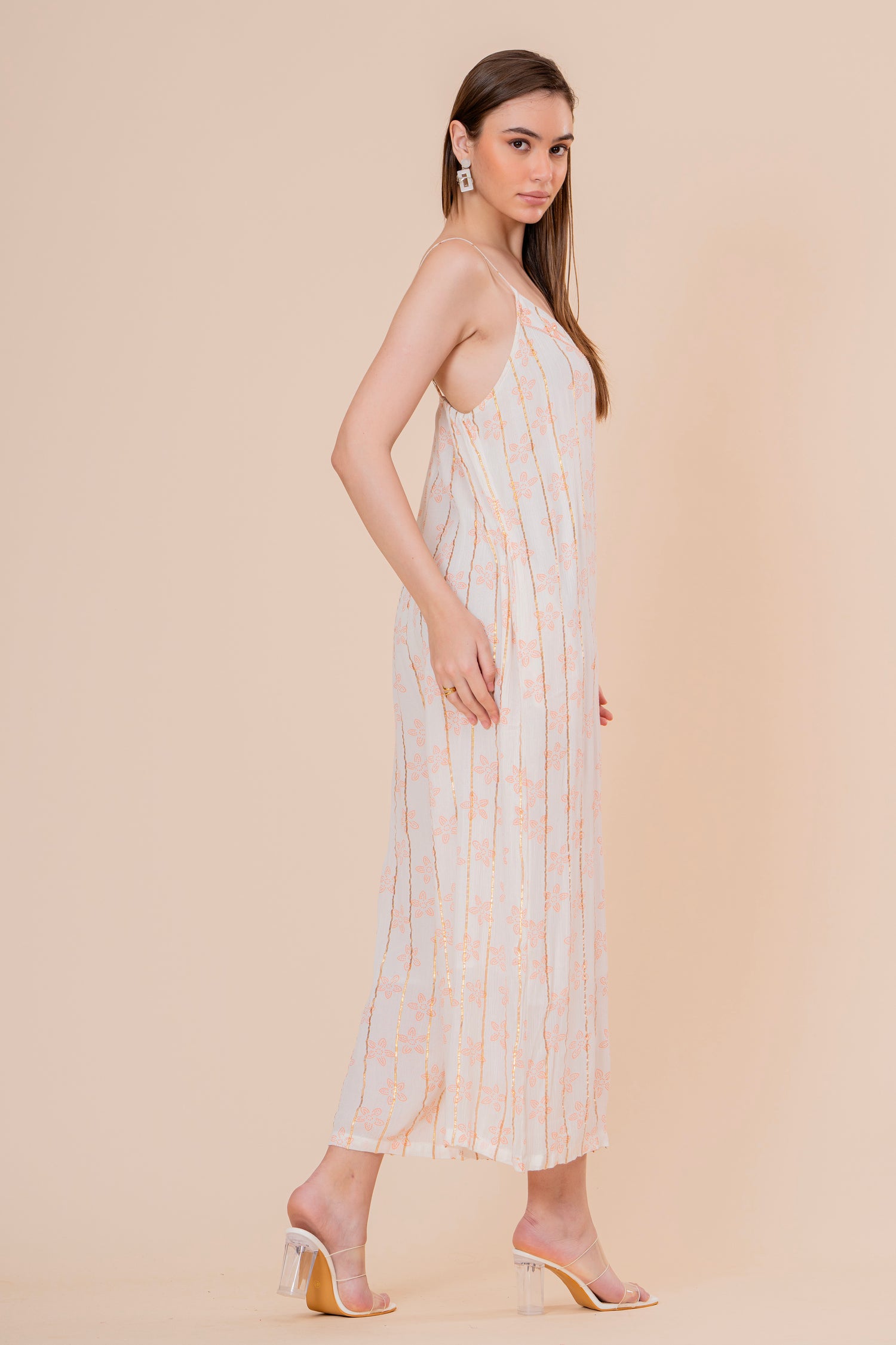 Mono Jumpsuit de Tirantes Blanco con Rayas Doradas