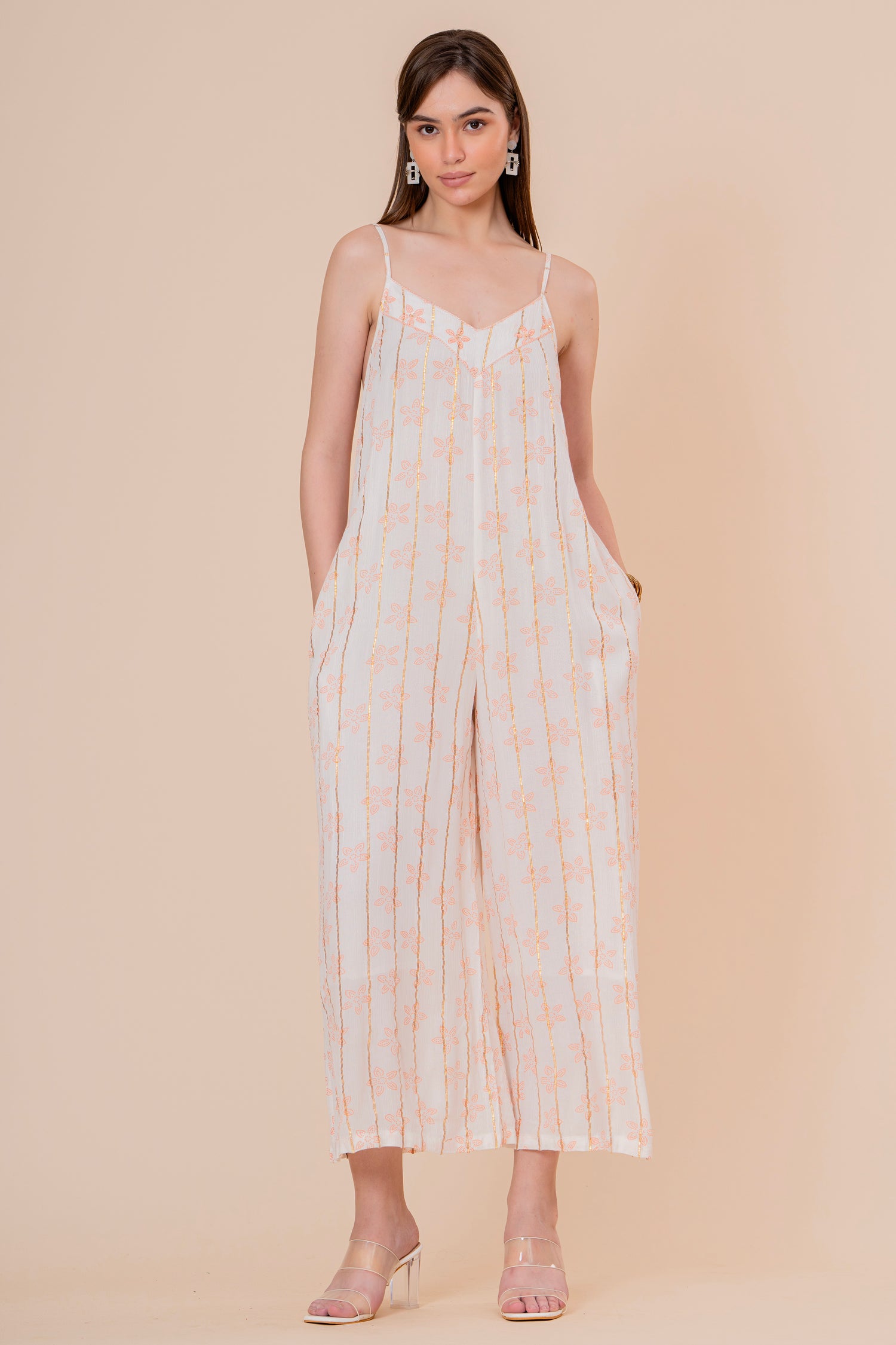 Mono Jumpsuit de Tirantes Blanco con Rayas Doradas