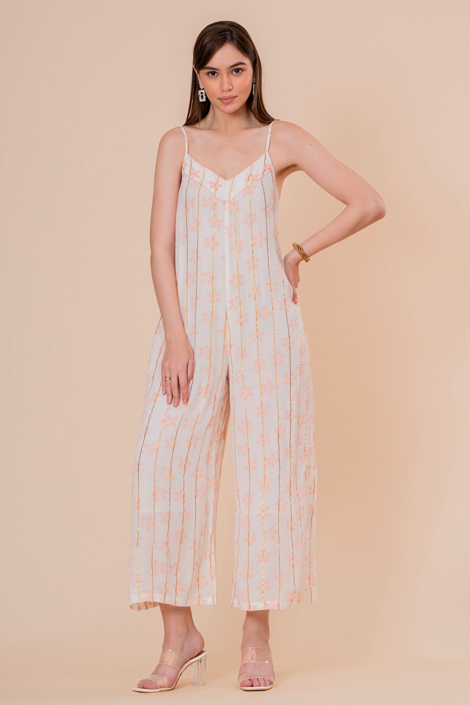 Mono Jumpsuit de Tirantes Blanco con Rayas Doradas