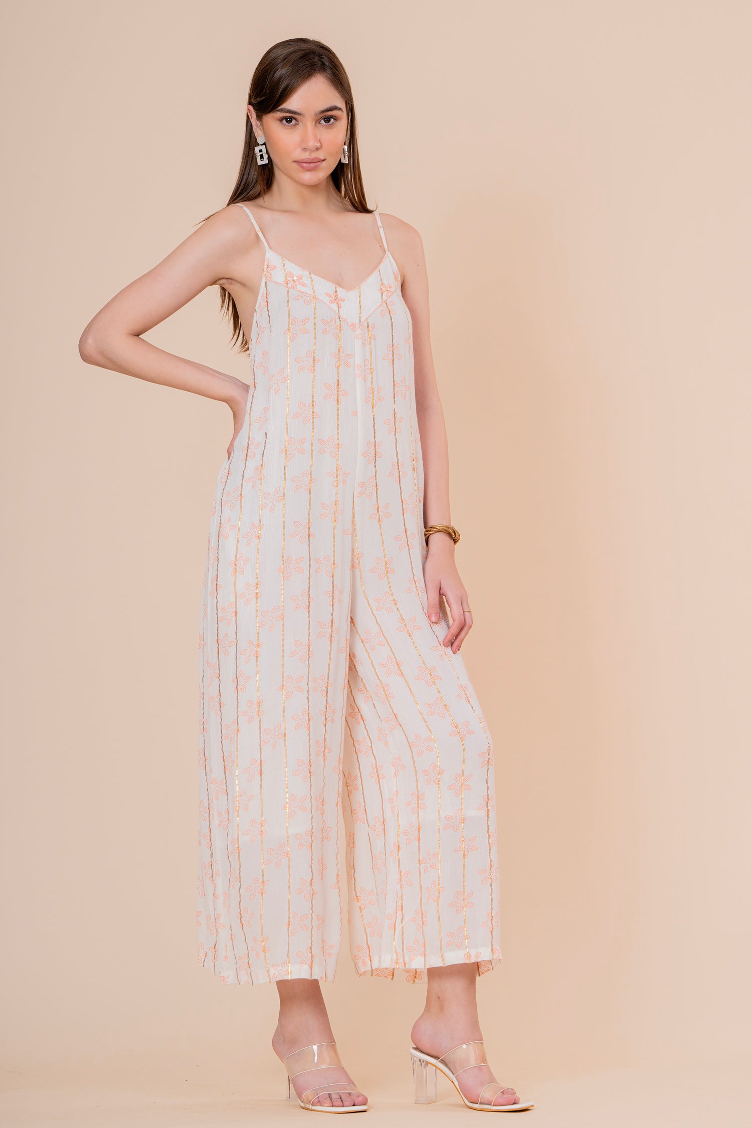 Mono Jumpsuit de Tirantes Blanco con Rayas Doradas