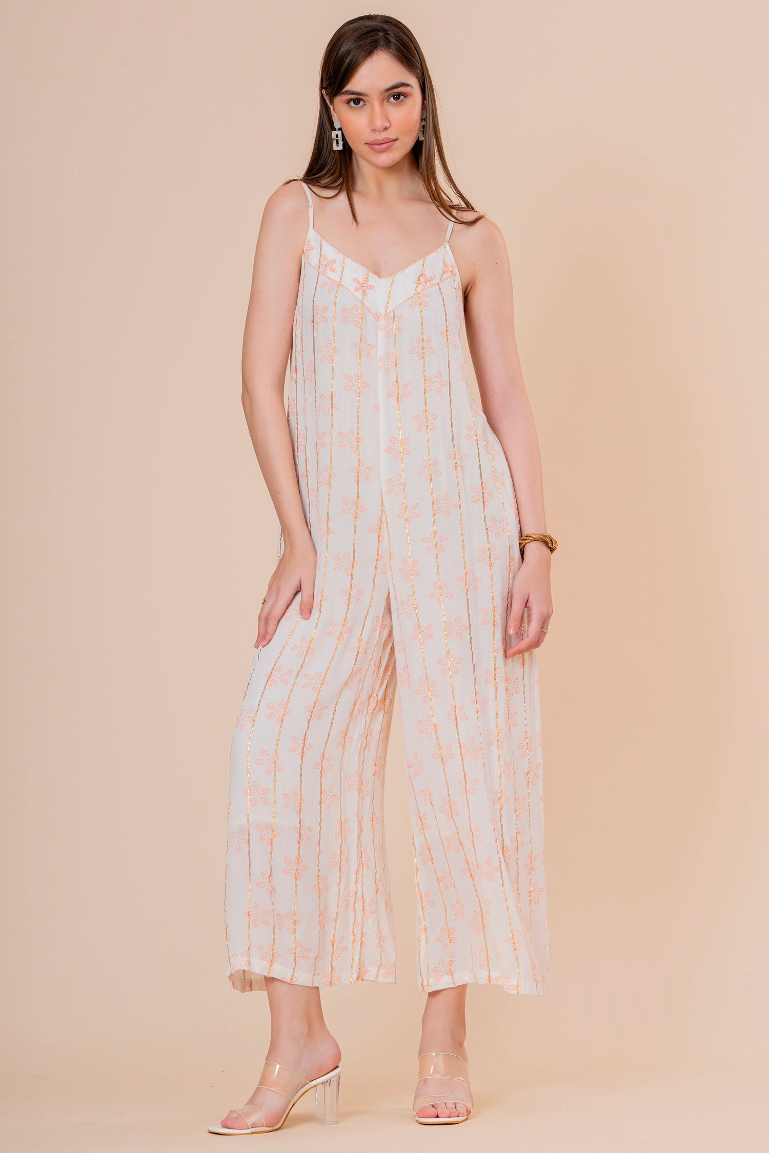 Mono Jumpsuit de Tirantes Blanco con Rayas Doradas