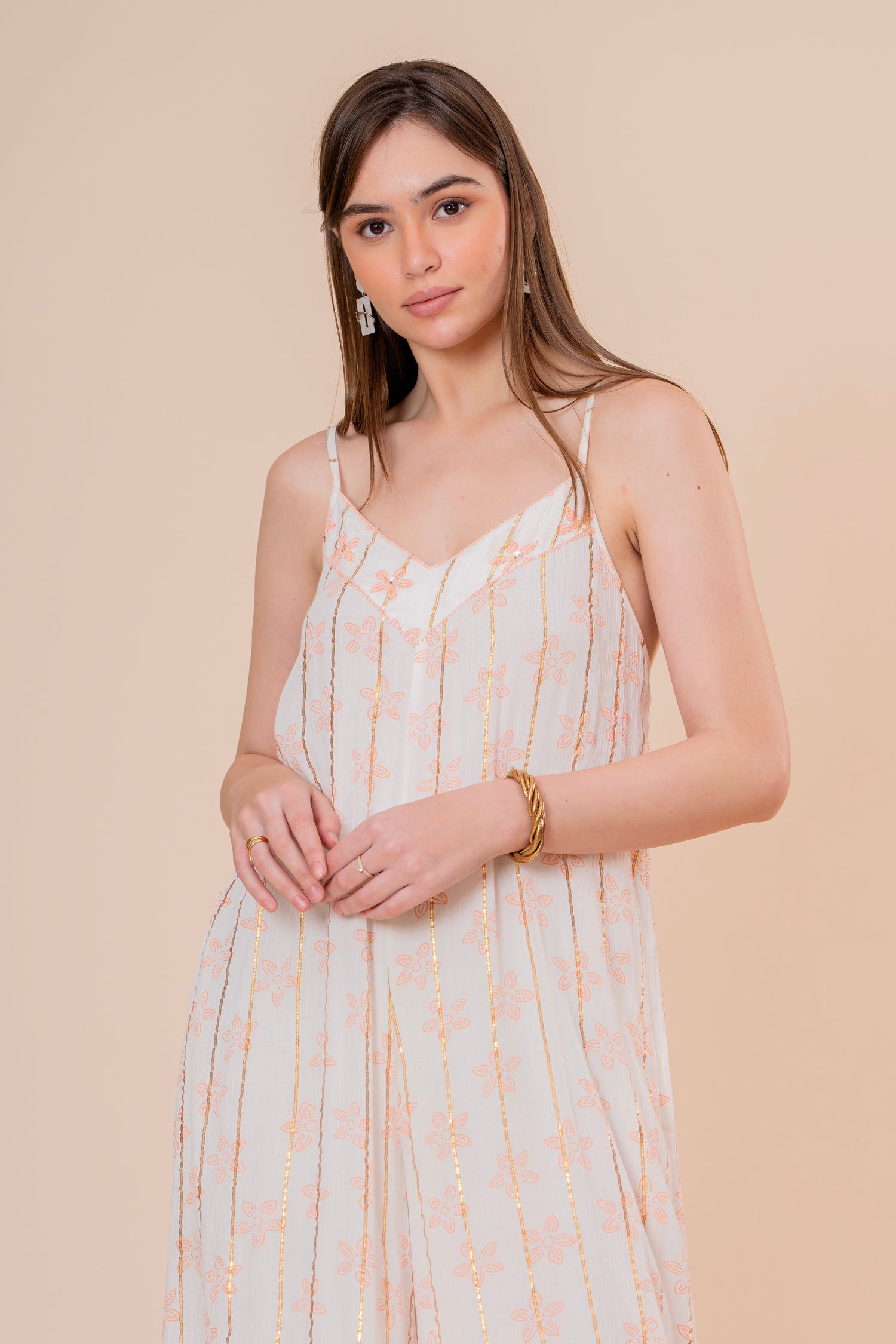 Mono Jumpsuit de Tirantes Blanco con Rayas Doradas