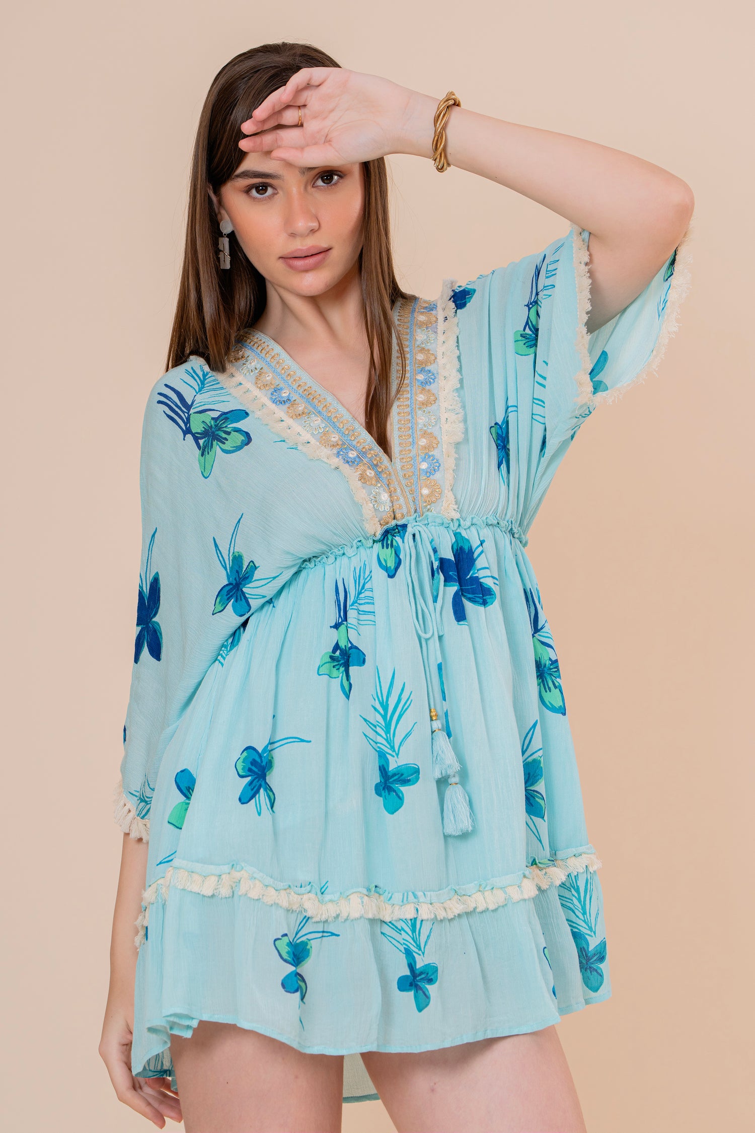 Minivestido Corte Imperio Estampado Floral Azul