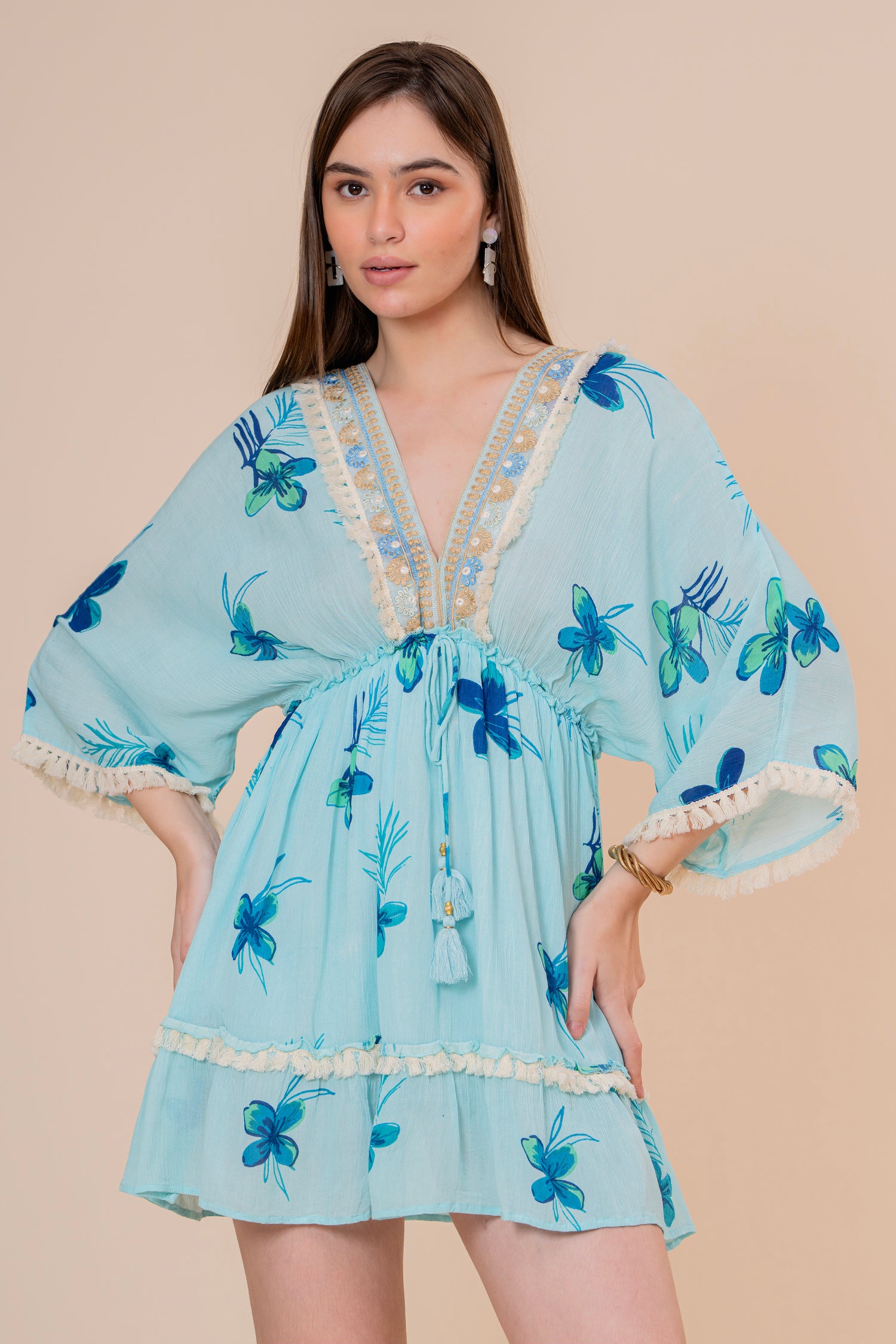 Minivestido Corte Imperio Estampado Floral Azul