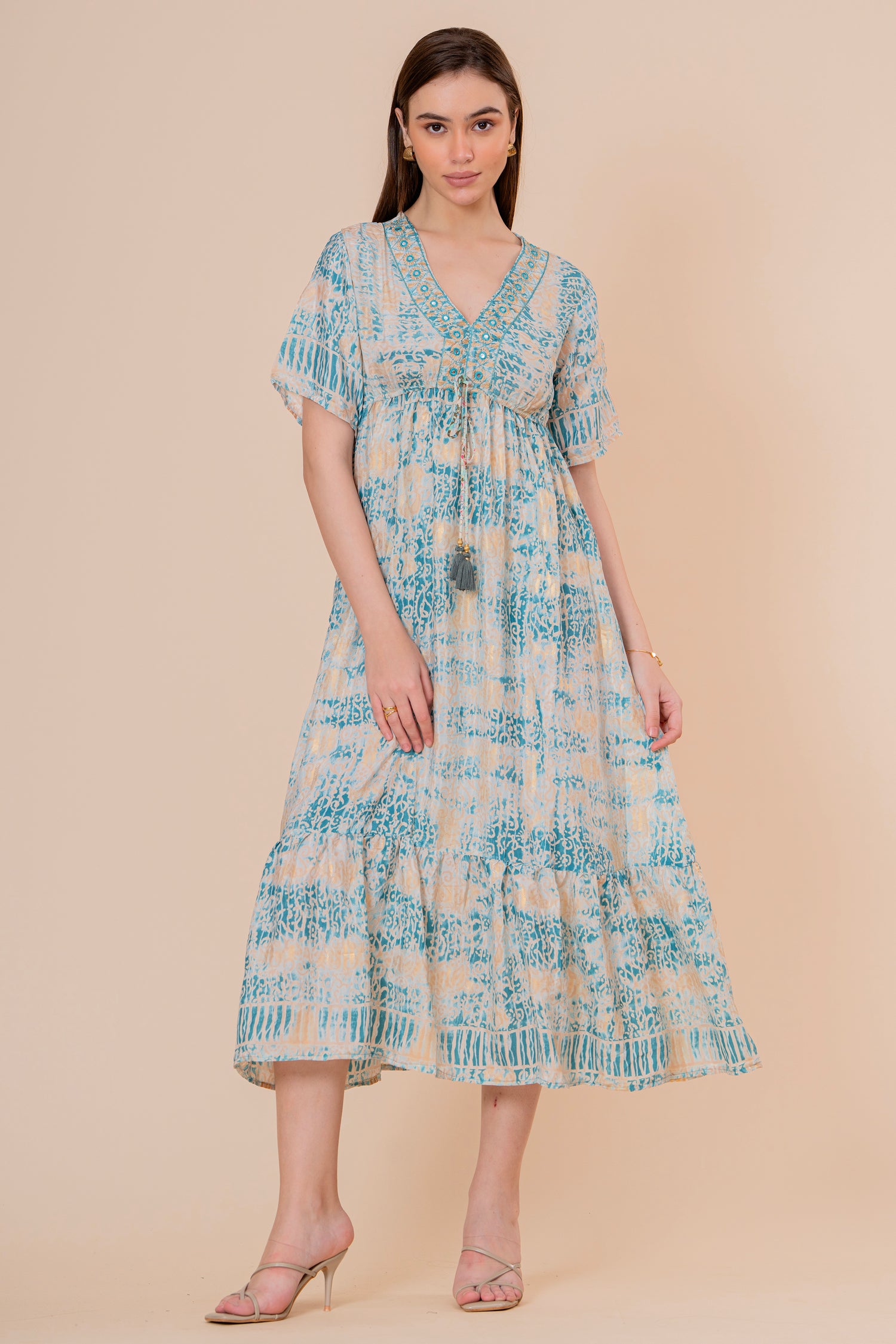 Túnica Kaftán Corta Estampado Floral Turquesa con Flecos