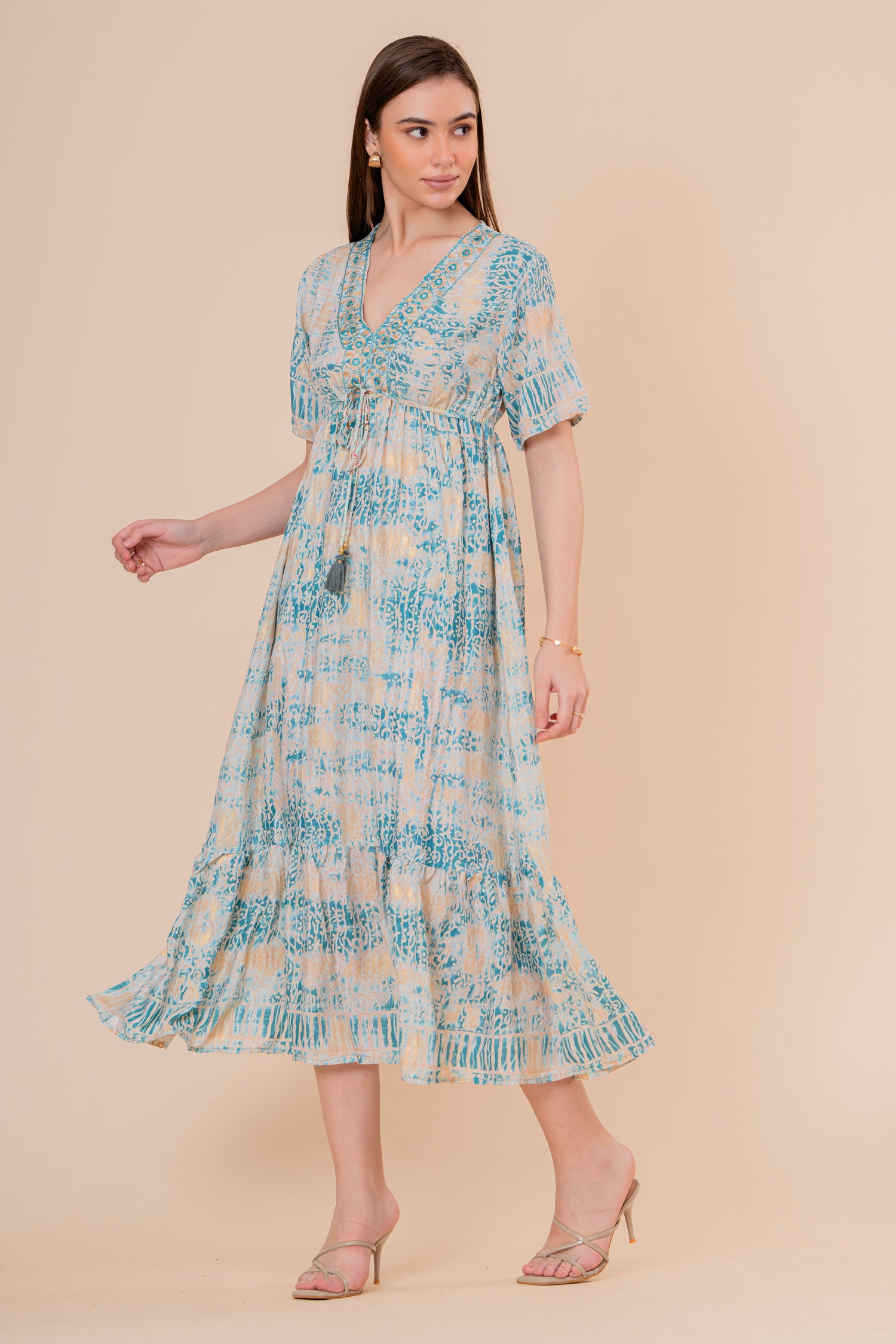 Túnica Kaftán Corta Estampado Floral Turquesa con Flecos