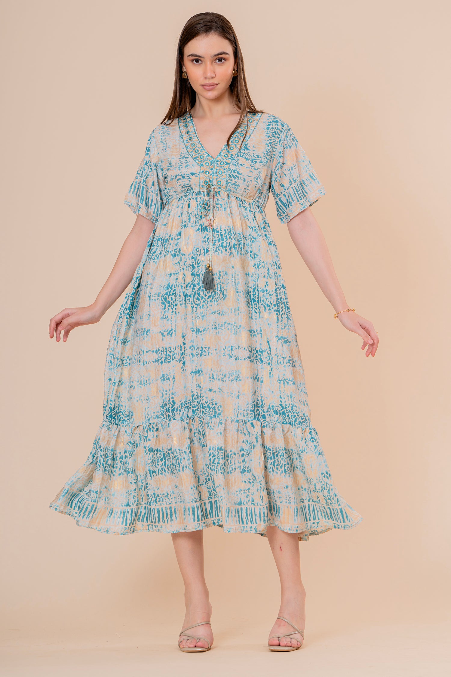 Túnica Kaftán Corta Estampado Floral Turquesa con Flecos