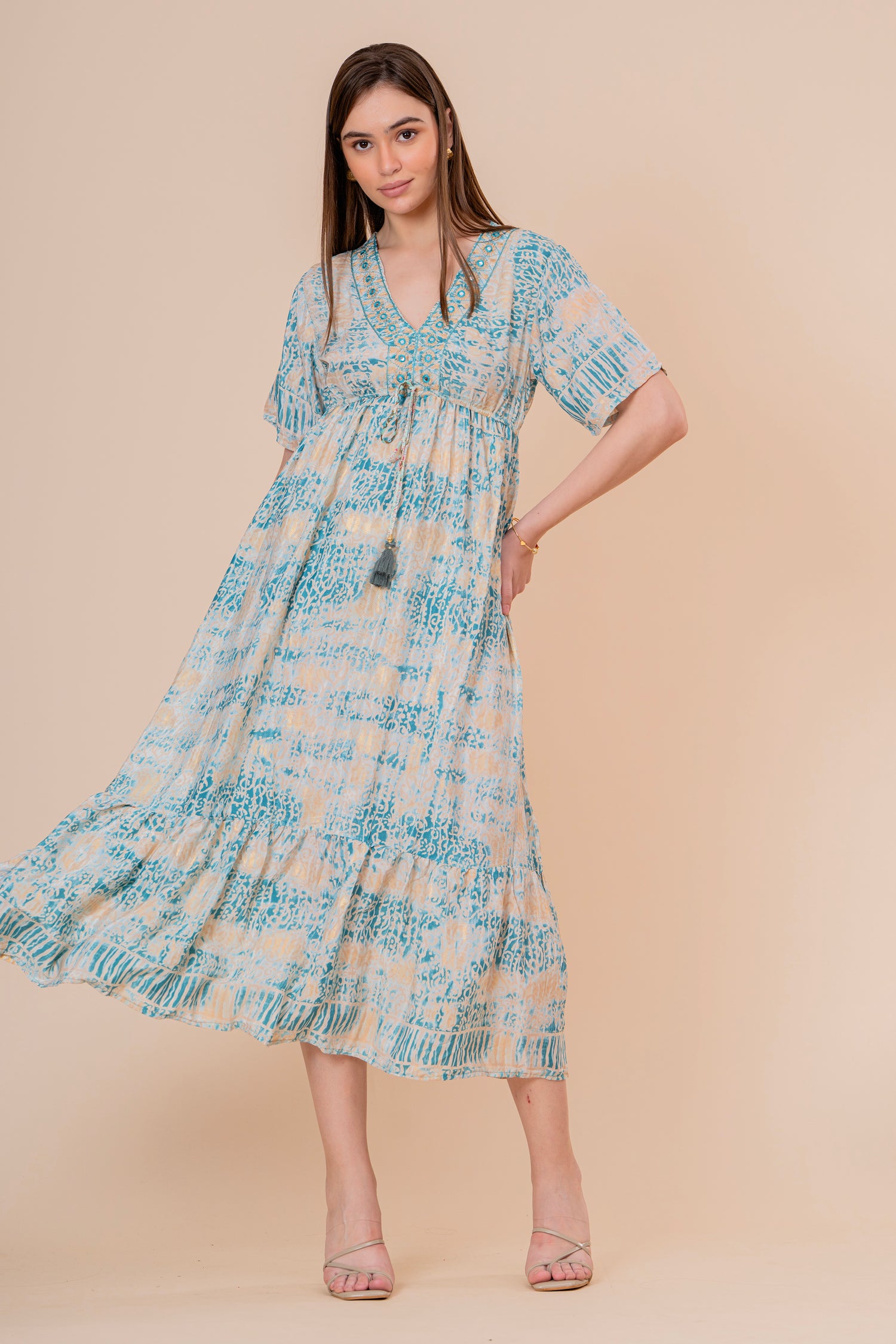 Túnica Kaftán Corta Estampado Floral Turquesa con Flecos