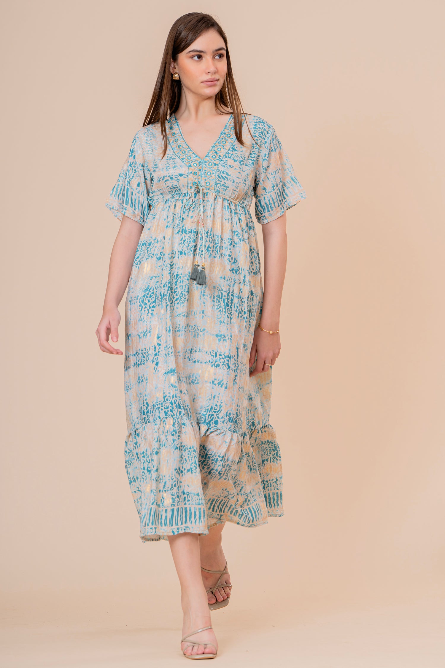 Túnica Kaftán Corta Estampado Floral Turquesa con Flecos