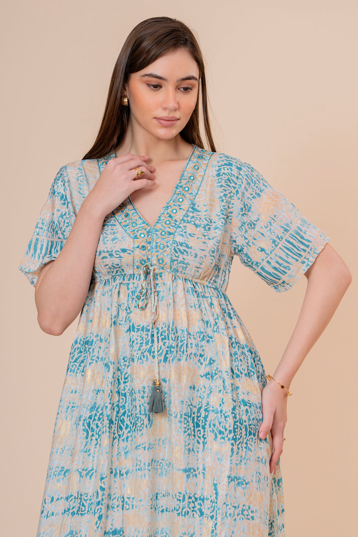 Túnica Kaftán Corta Estampado Floral Turquesa con Flecos