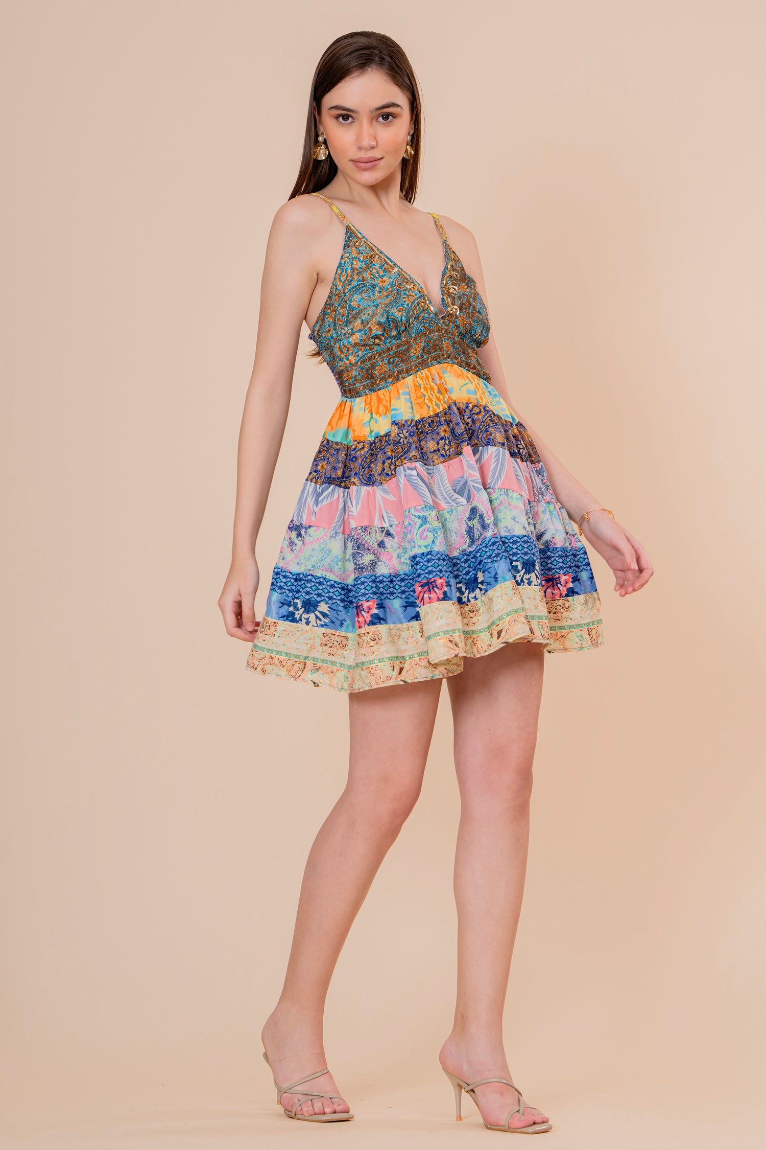 Minivestido de Tirantes Estampado Floral Rosa y Verde