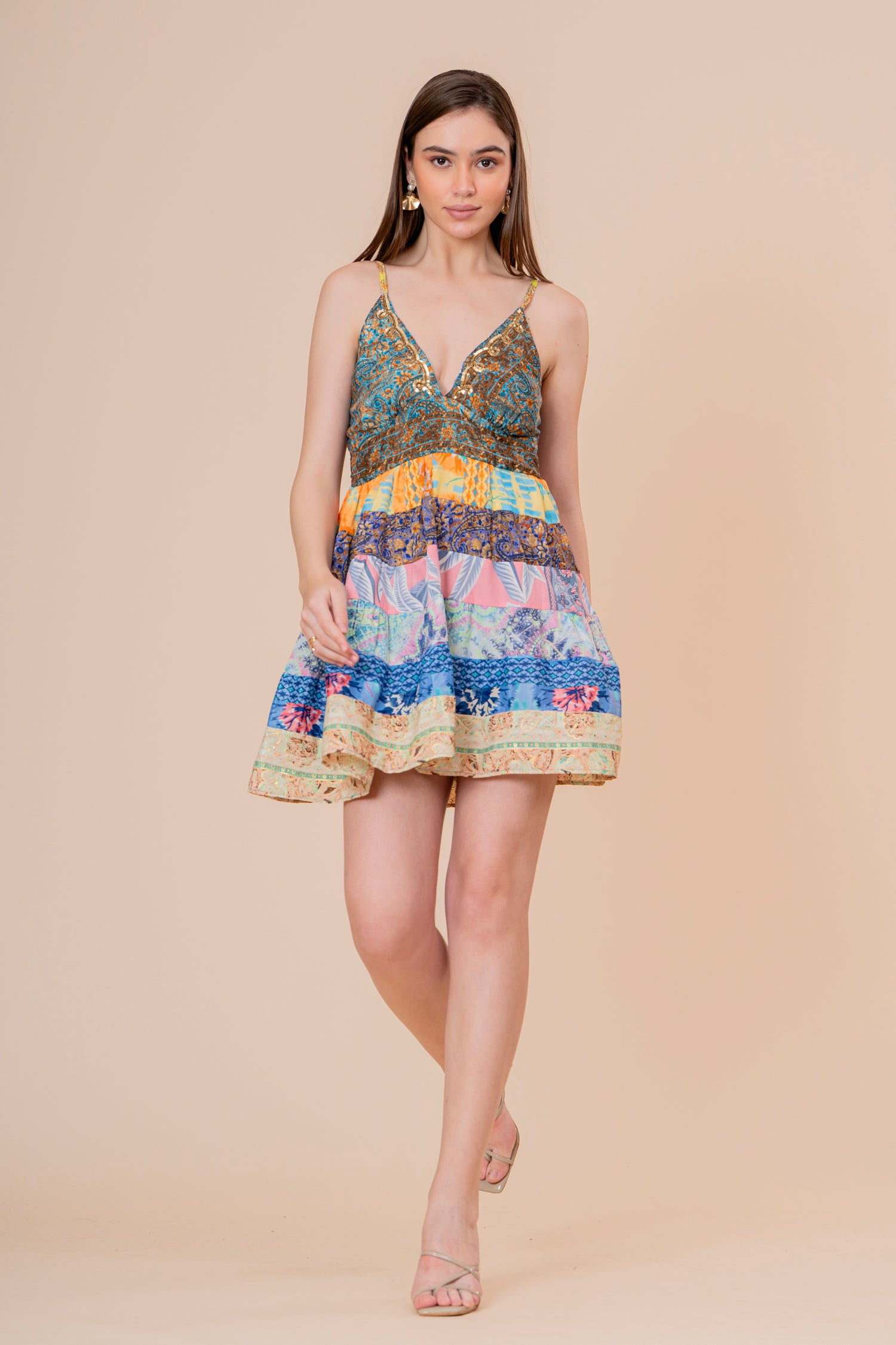 Minivestido de Tirantes Estampado Floral Rosa y Verde