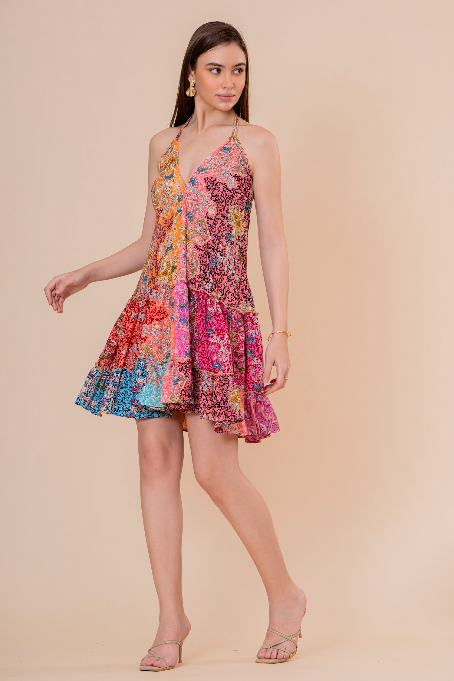 Minivestido Halter Estampado Patchwork Multicolor