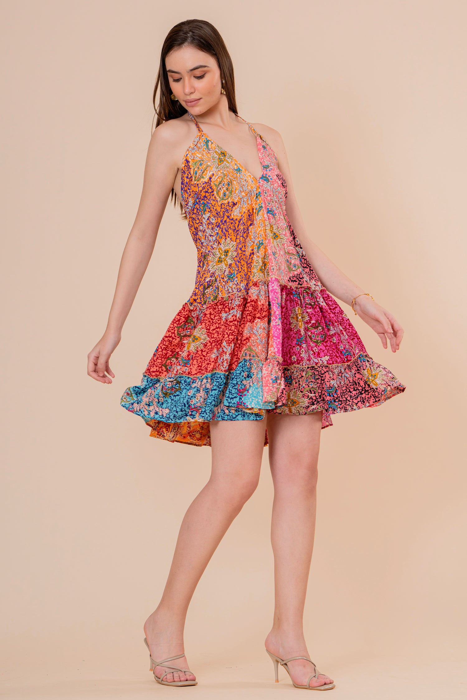Minivestido Halter Estampado Patchwork Multicolor