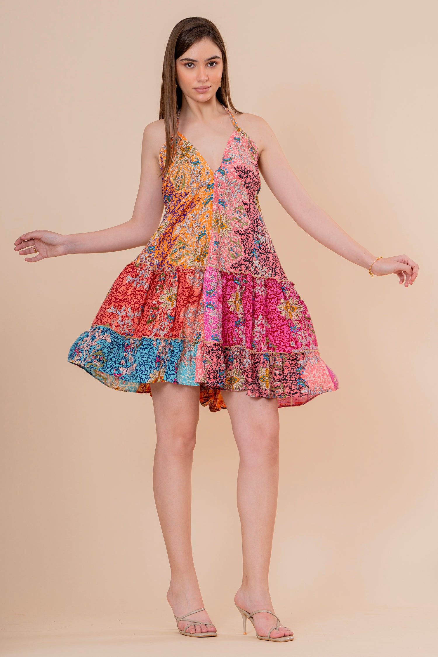 Minivestido Halter Estampado Patchwork Multicolor