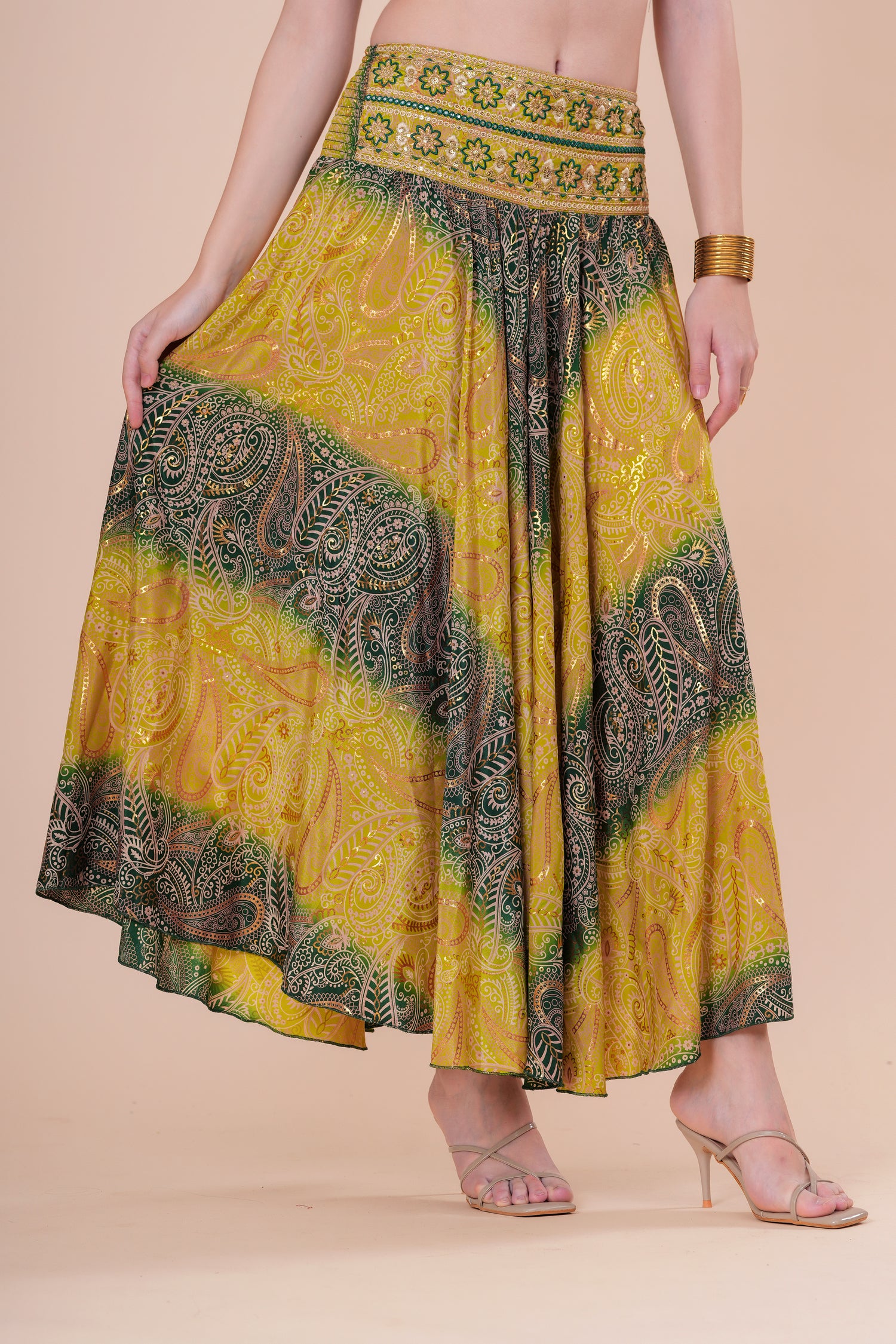 Falda Maxi Estampada con Cintura Bordada Bohemia