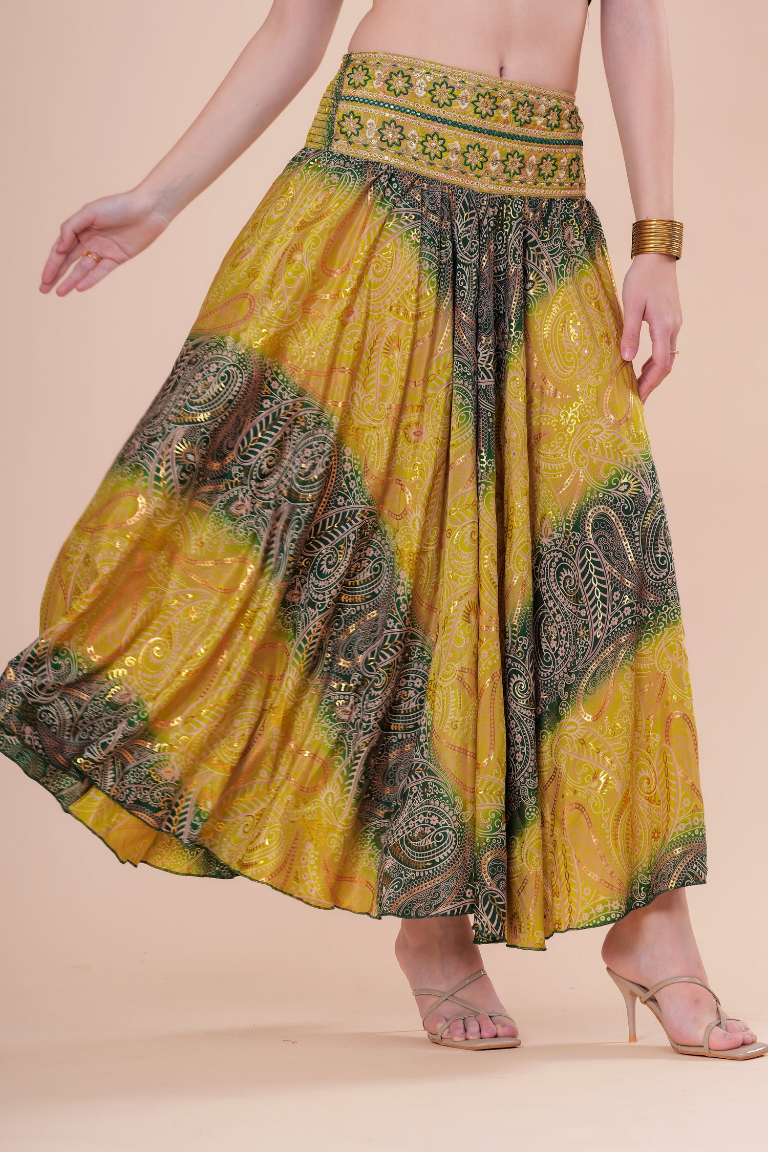 Falda Maxi Estampada con Cintura Bordada Bohemia