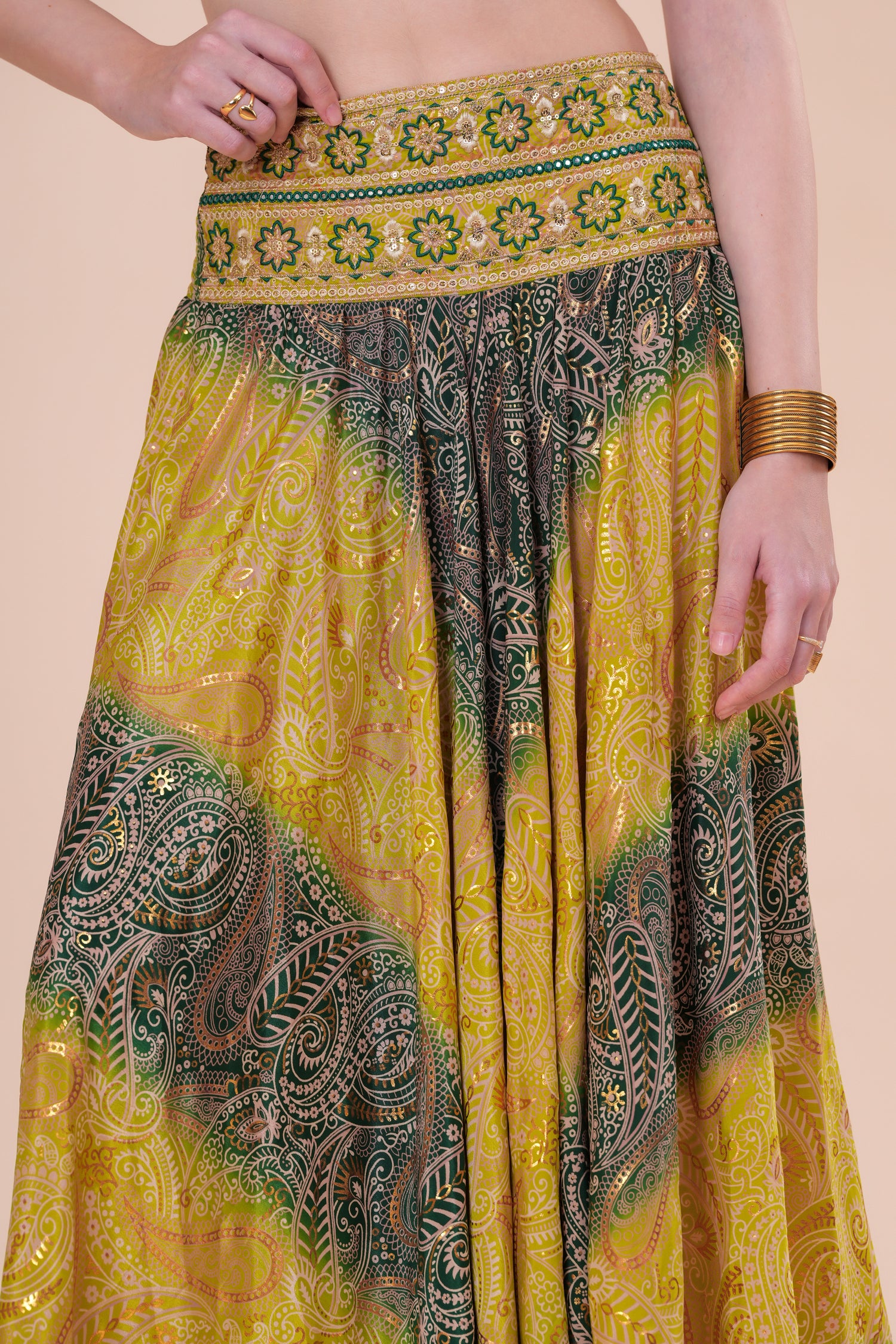 Falda Maxi Estampada con Cintura Bordada Bohemia