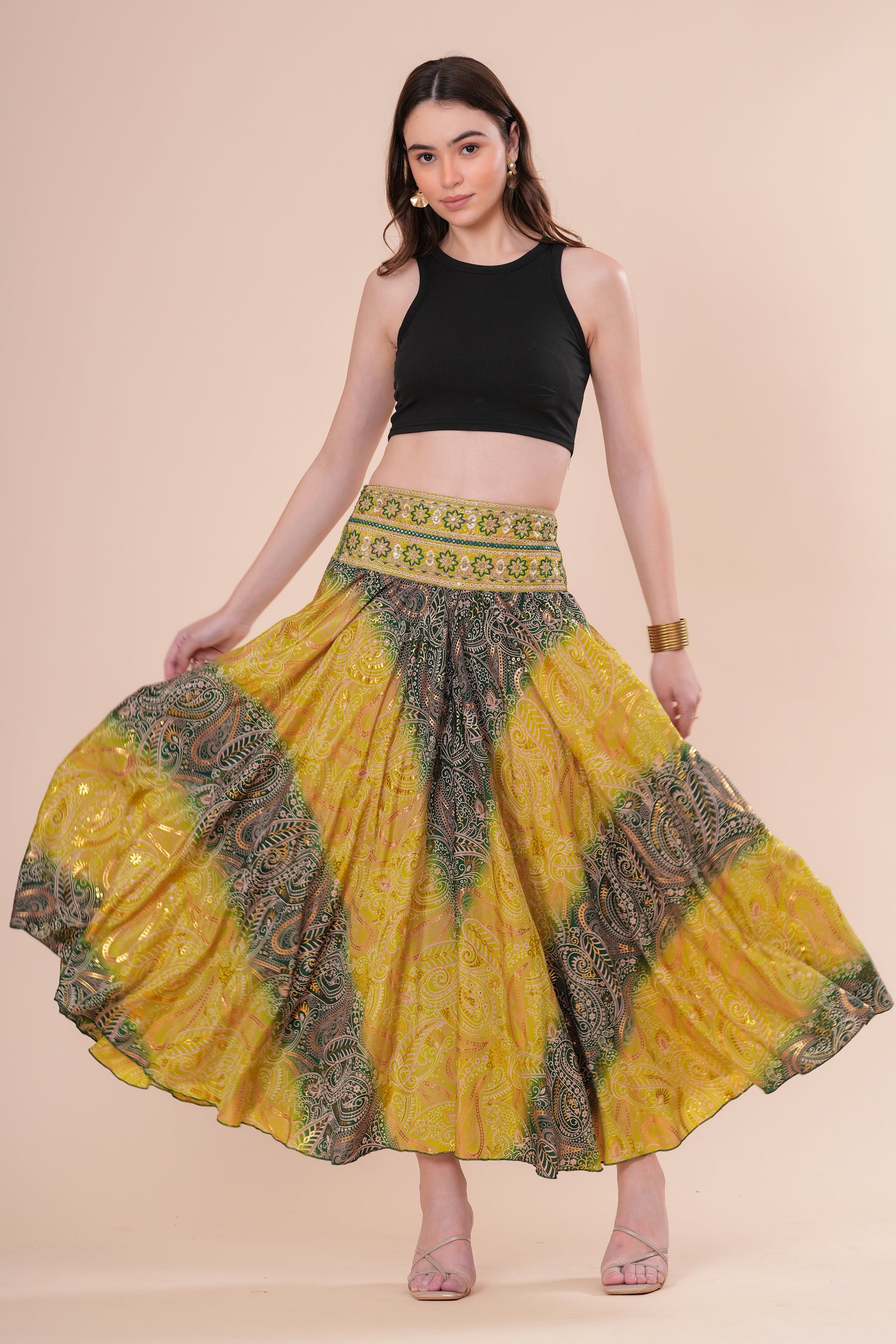 Falda Maxi Estampada con Cintura Bordada Bohemia