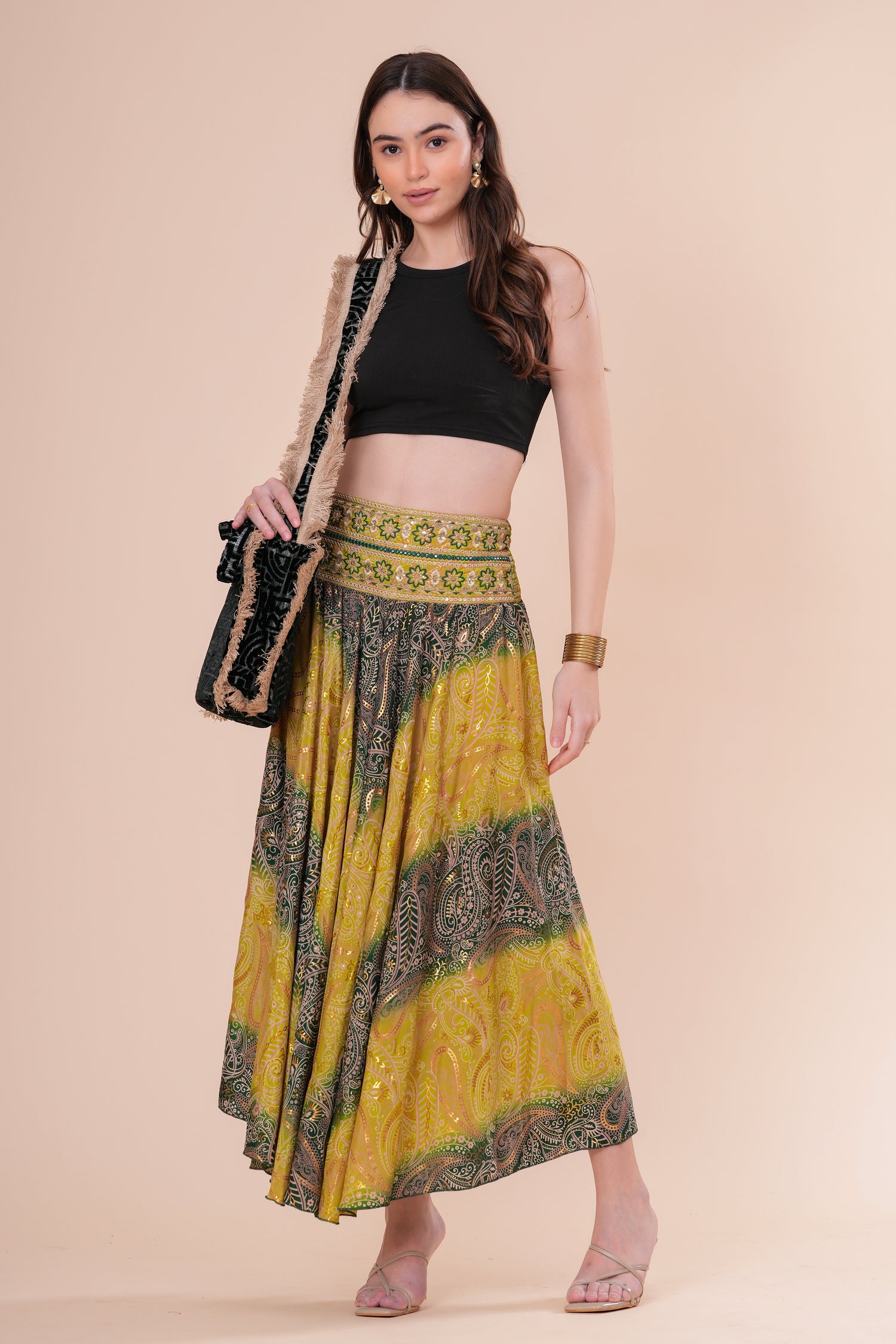 Falda Maxi Estampada con Cintura Bordada Bohemia