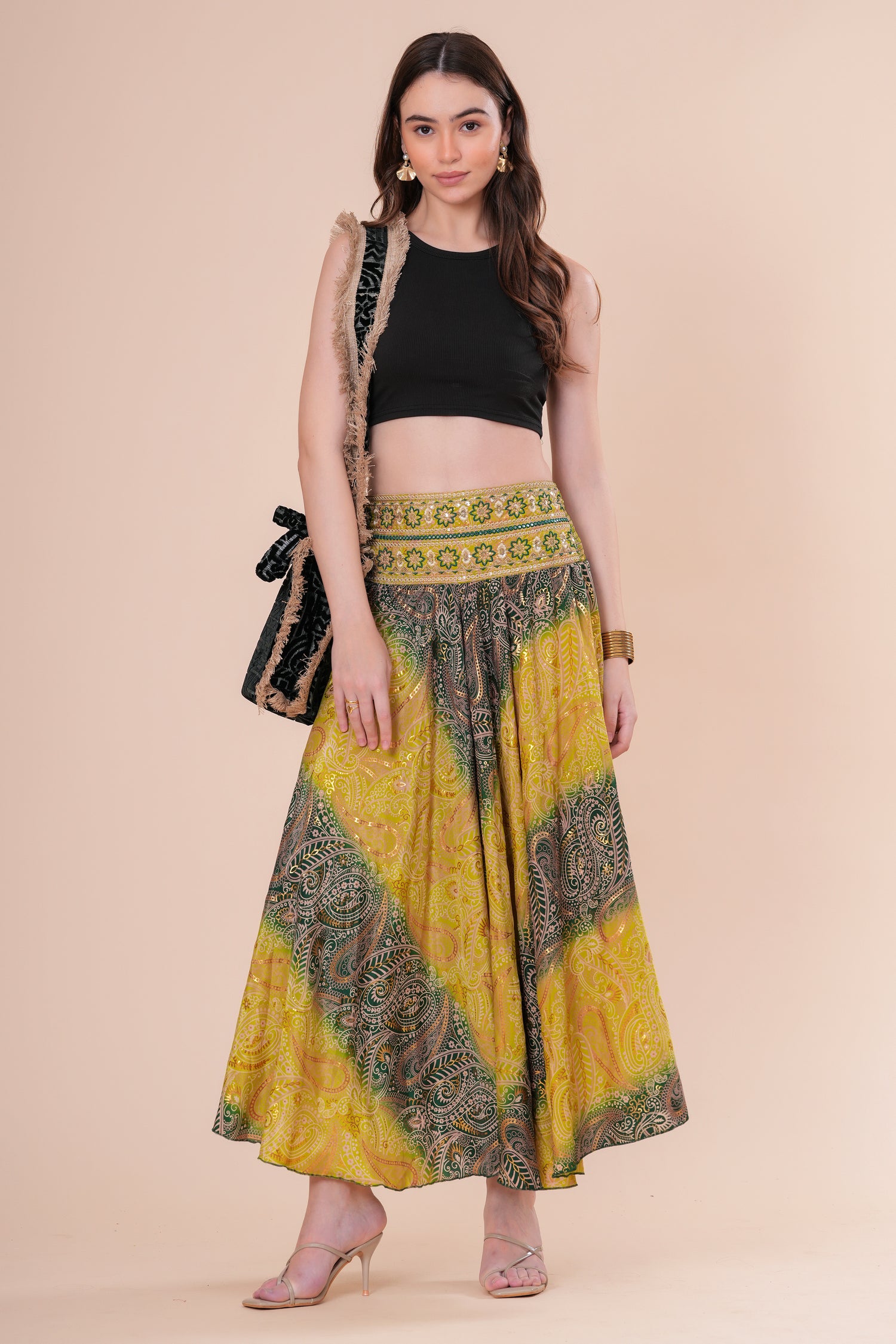 Falda Maxi Estampada con Cintura Bordada Bohemia