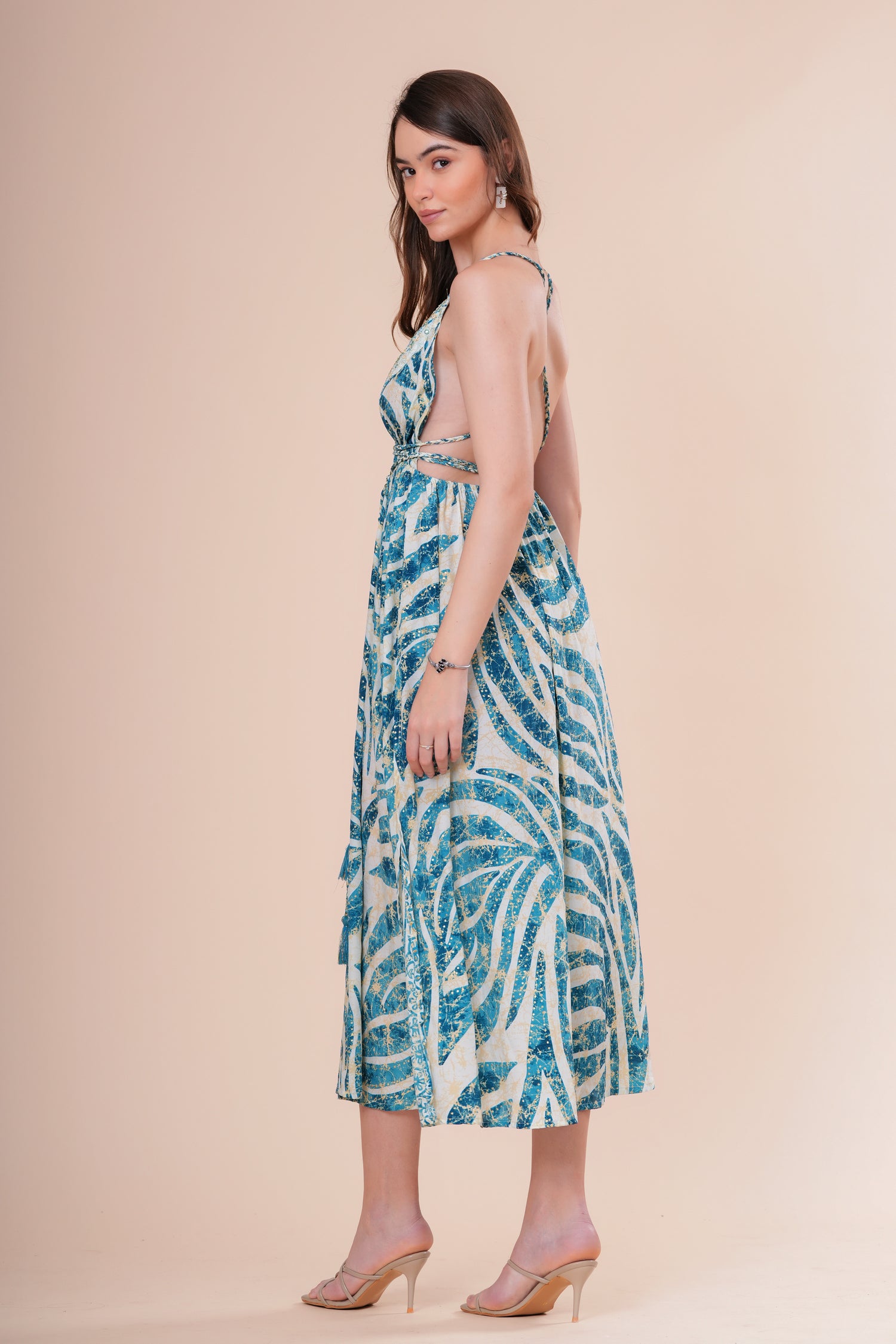 Vestido Midi de Tirantes con Escote V Profundo Estampado Botánico