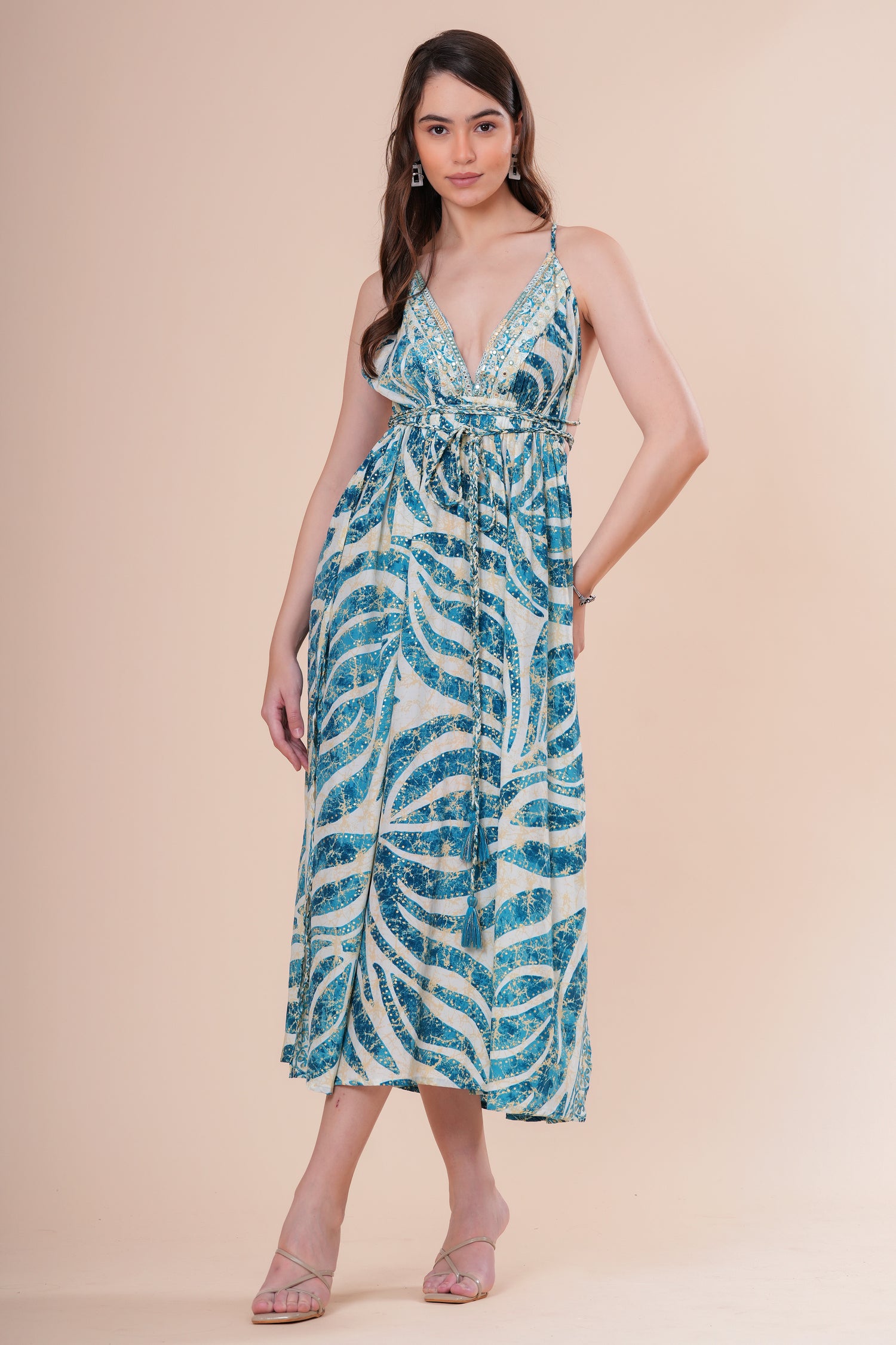 Vestido Midi de Tirantes con Escote V Profundo Estampado Botánico