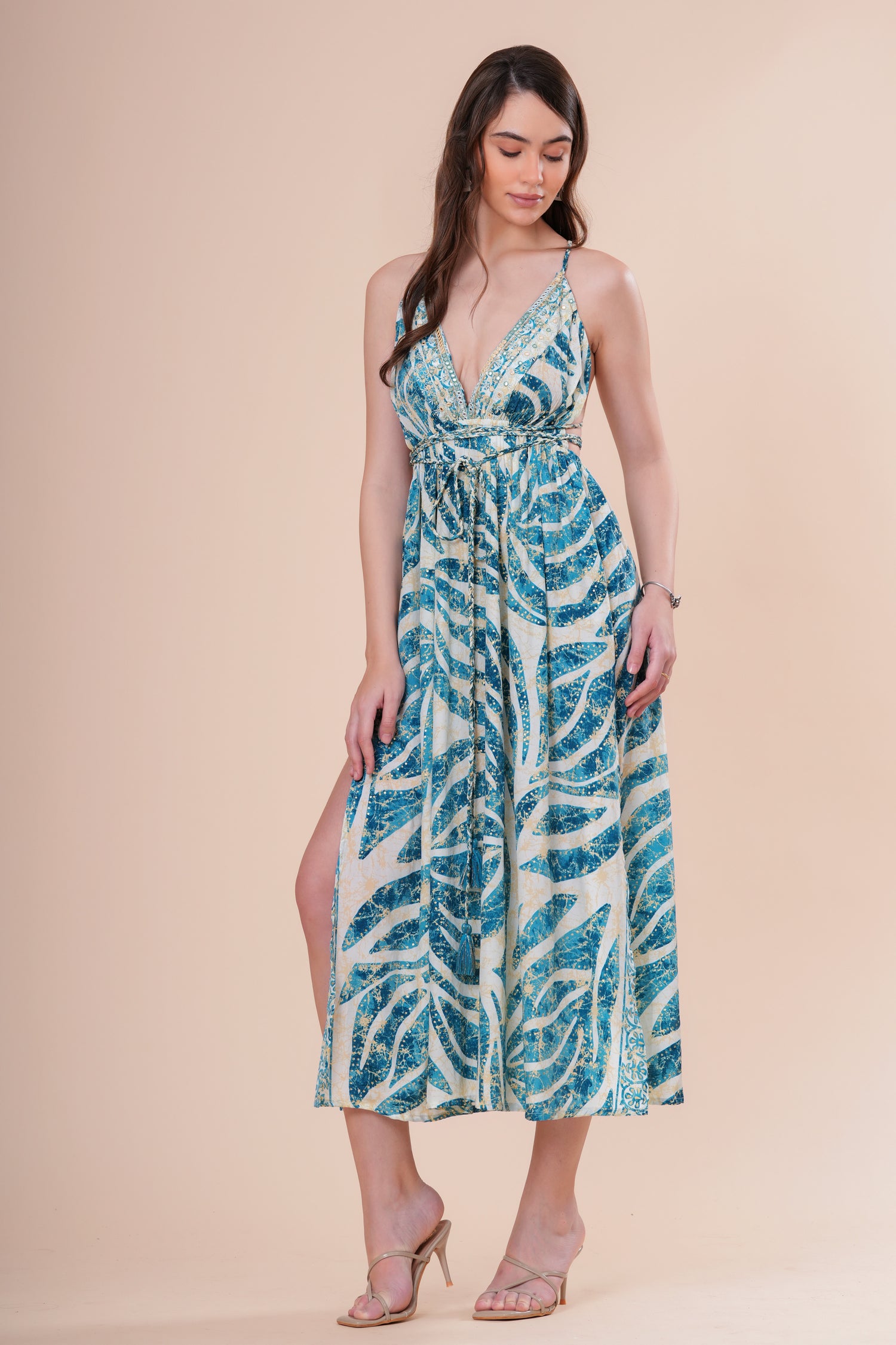 Vestido Midi de Tirantes con Escote V Profundo Estampado Botánico