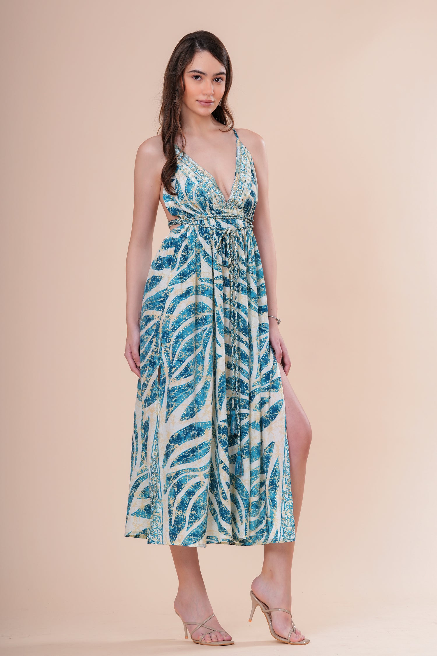 Vestido Midi de Tirantes con Escote V Profundo Estampado Botánico