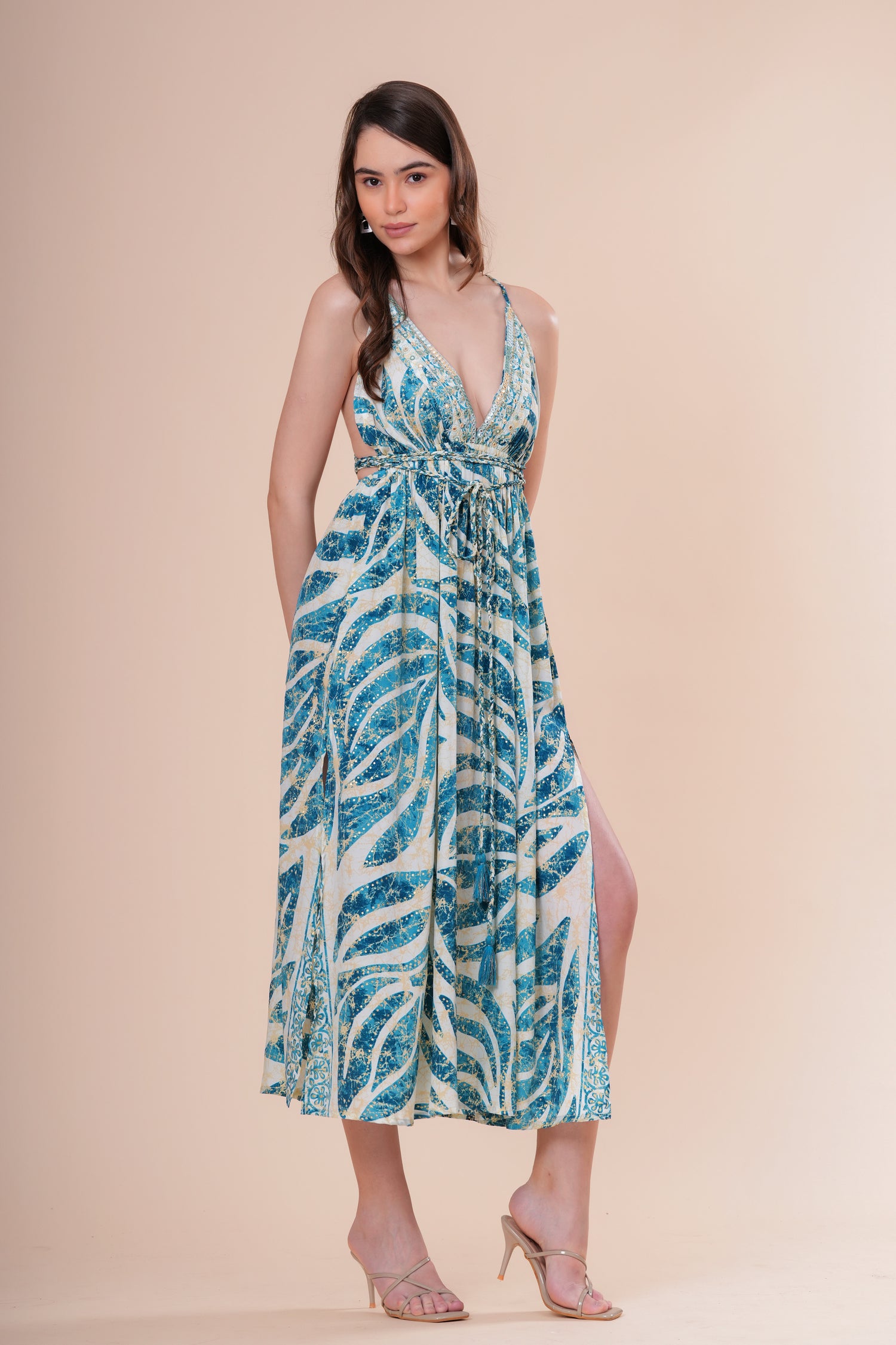 Vestido Midi de Tirantes con Escote V Profundo Estampado Botánico