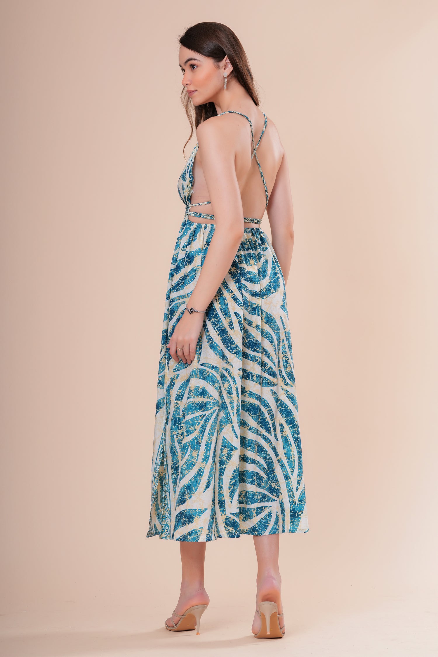 Vestido Midi de Tirantes con Escote V Profundo Estampado Botánico