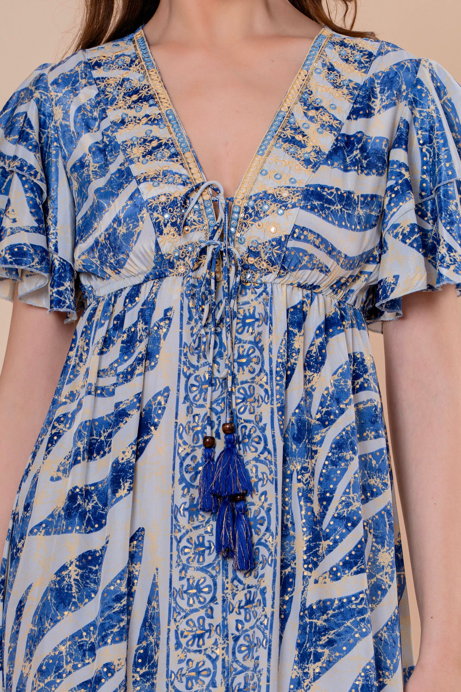 Vestido Midi con Manga Volante Estampado Botánico Azul