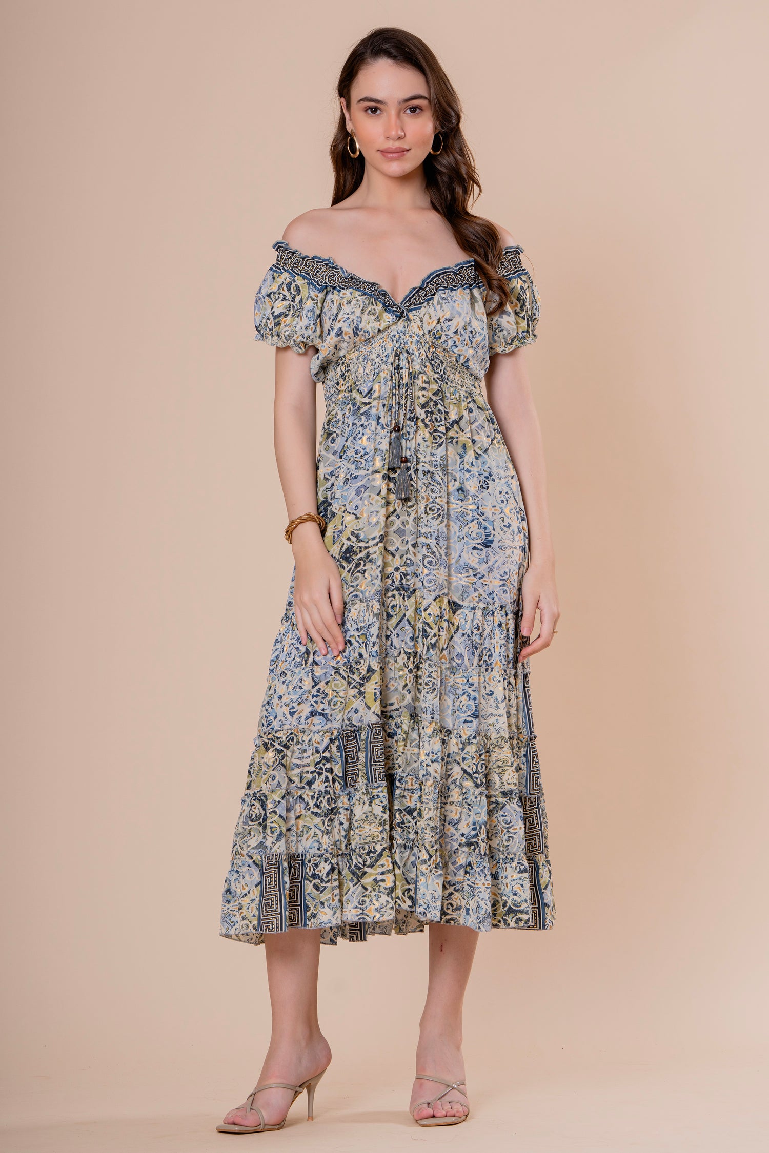 Vestido Midi Hombros Descubiertos Estampado Azulejo