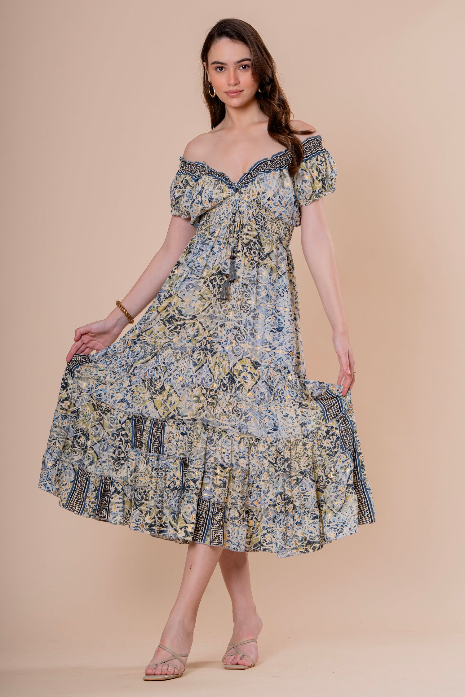 Vestido Midi Hombros Descubiertos Estampado Azulejo