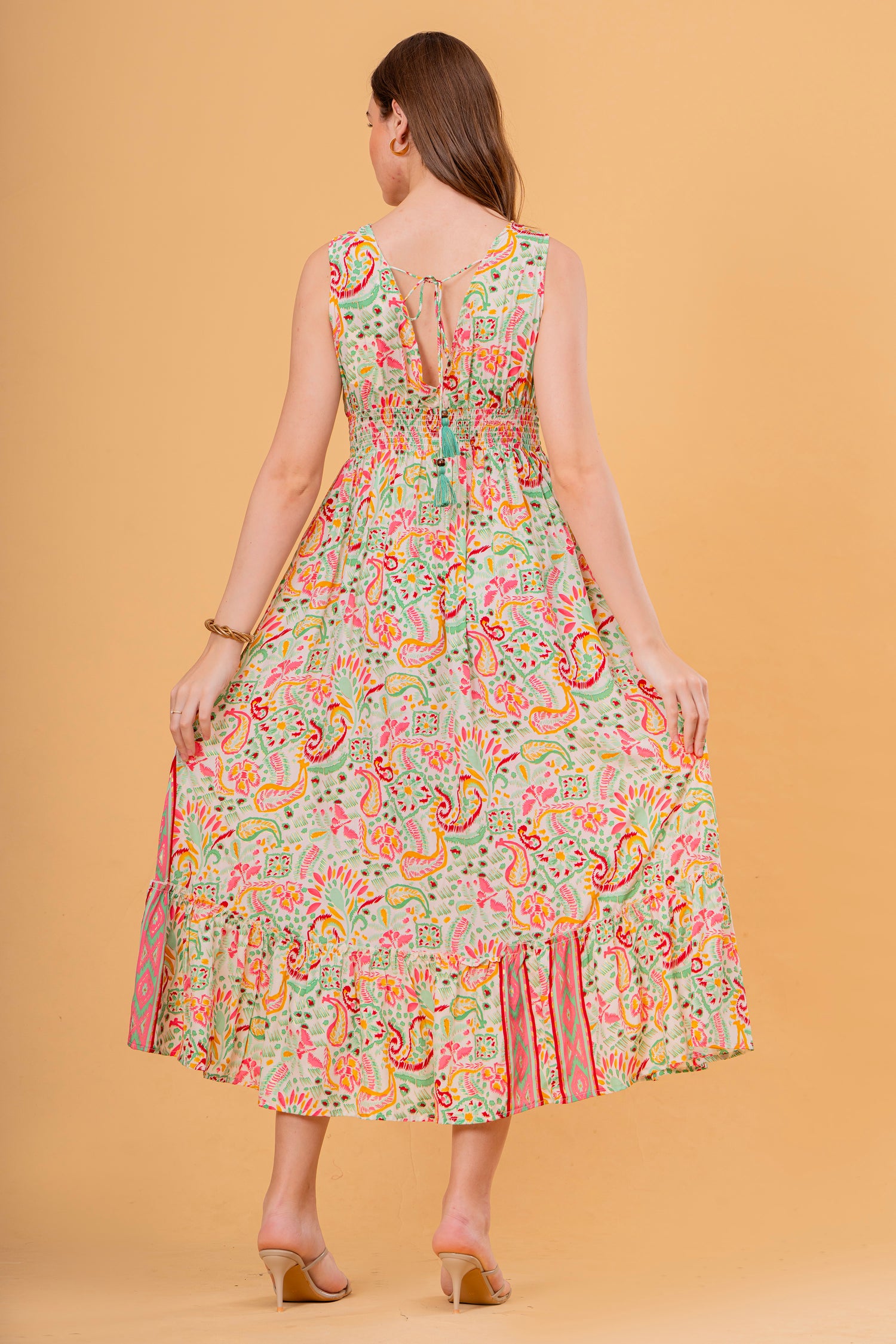 Vestido Midi Sin Mangas Estampado Cachemira con Borla