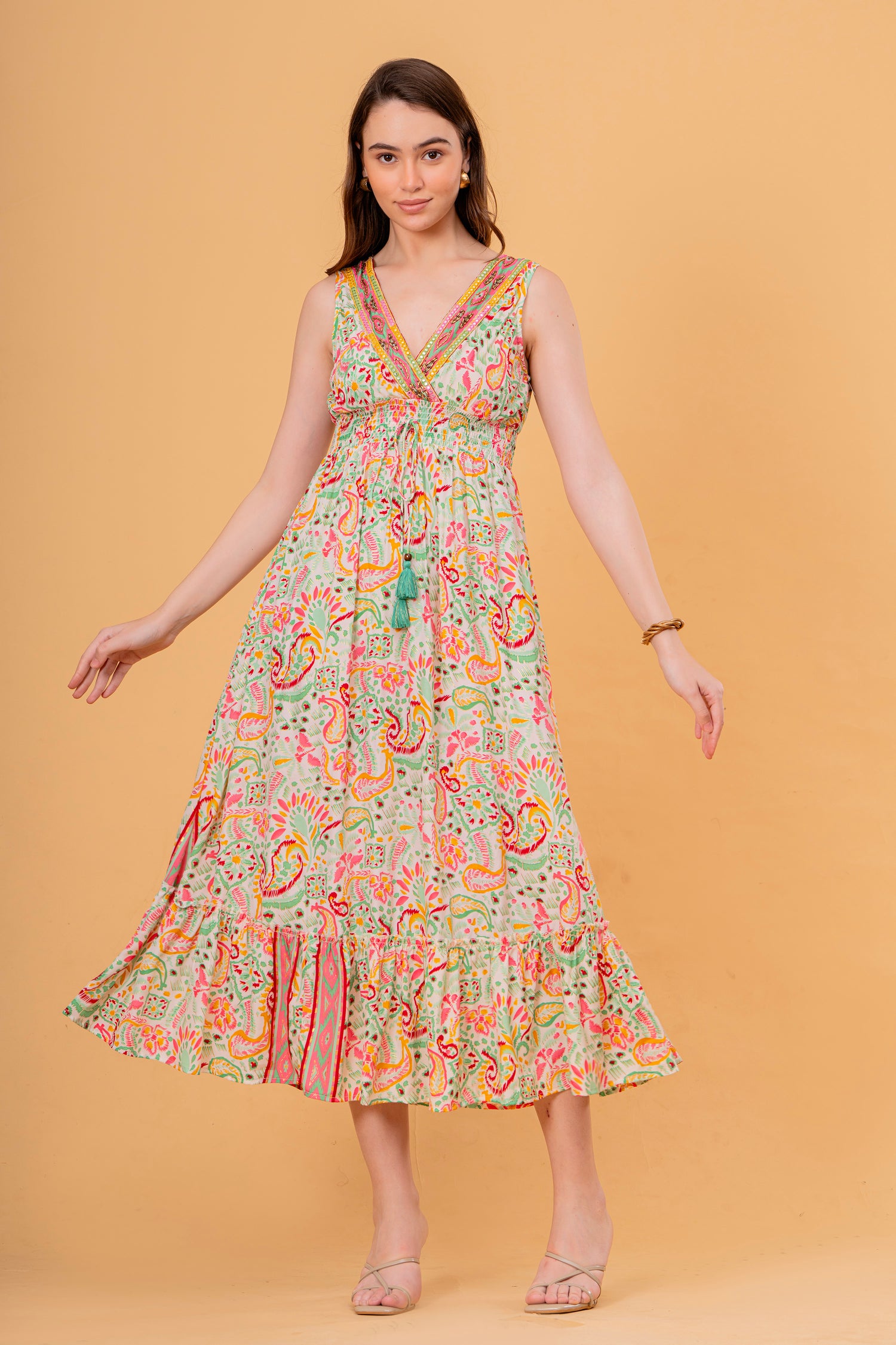 Vestido Midi Sin Mangas Estampado Cachemira con Borla