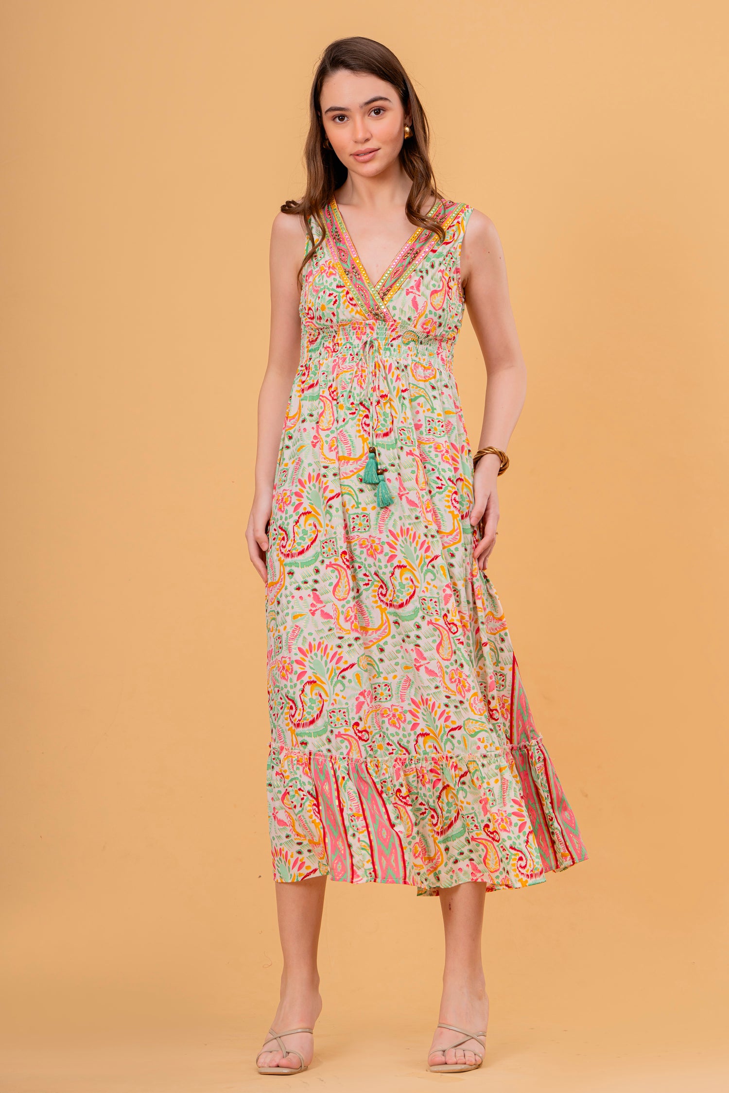 Vestido Midi Sin Mangas Estampado Cachemira con Borla