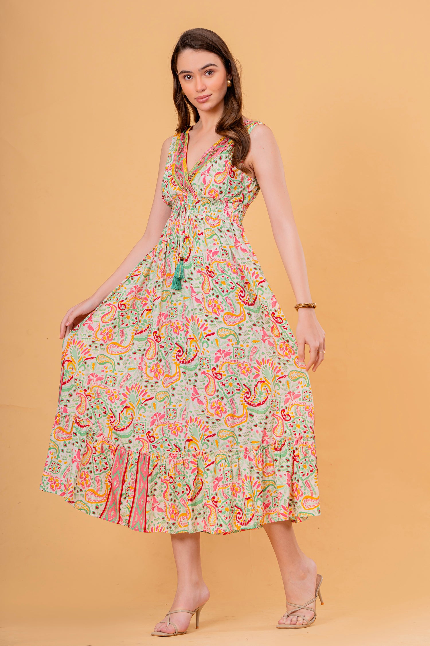 Vestido Midi Sin Mangas Estampado Cachemira con Borla