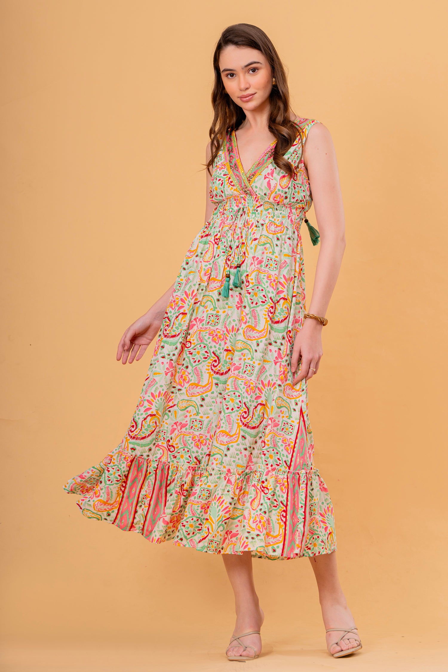 Vestido Midi Sin Mangas Estampado Cachemira con Borla