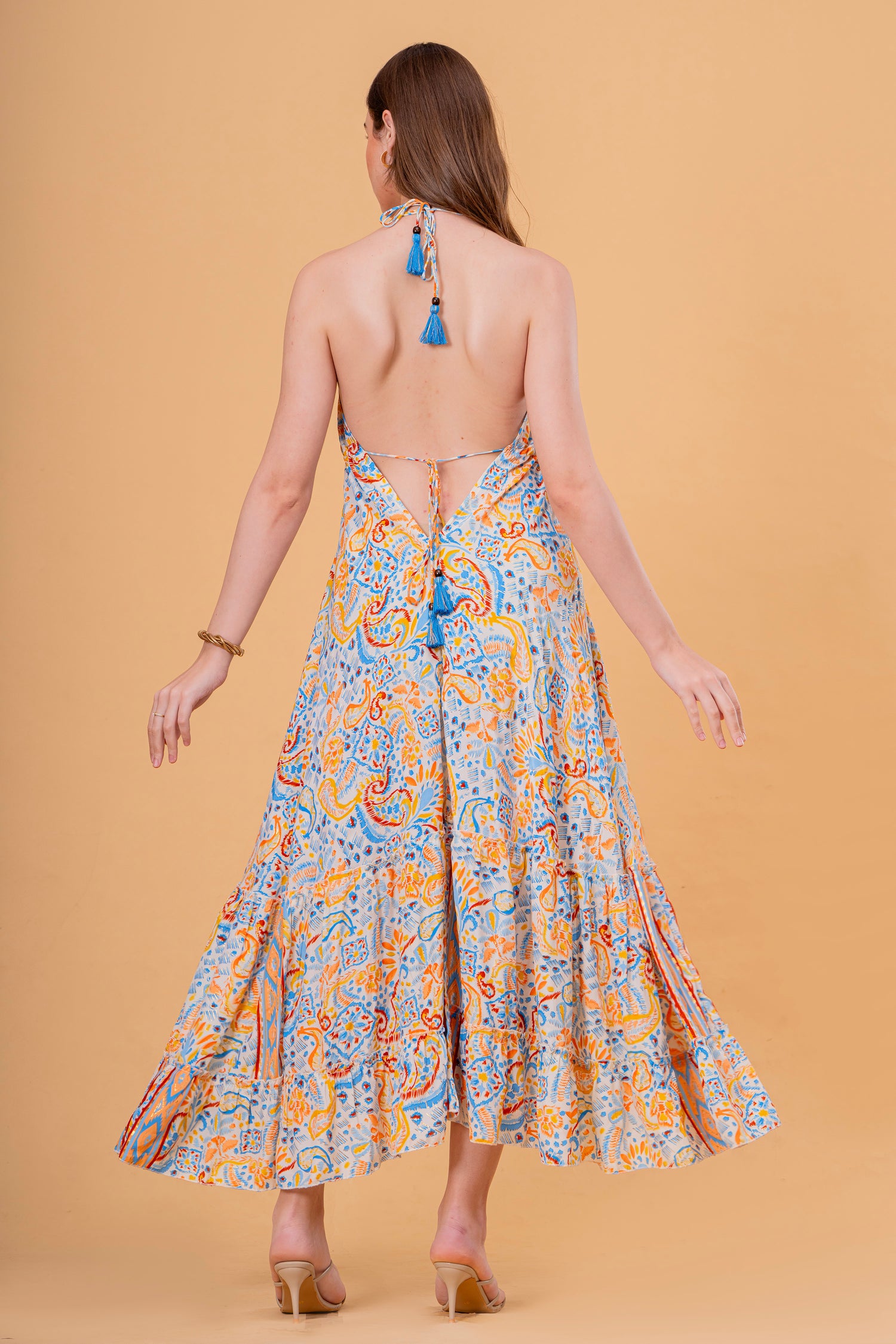 Vestido Maxi de Tirantes con Estampado Étnico y Volante