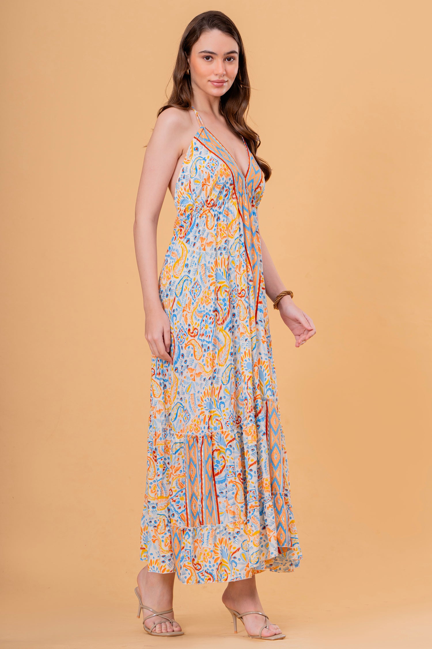 Vestido Maxi de Tirantes con Estampado Étnico y Volante