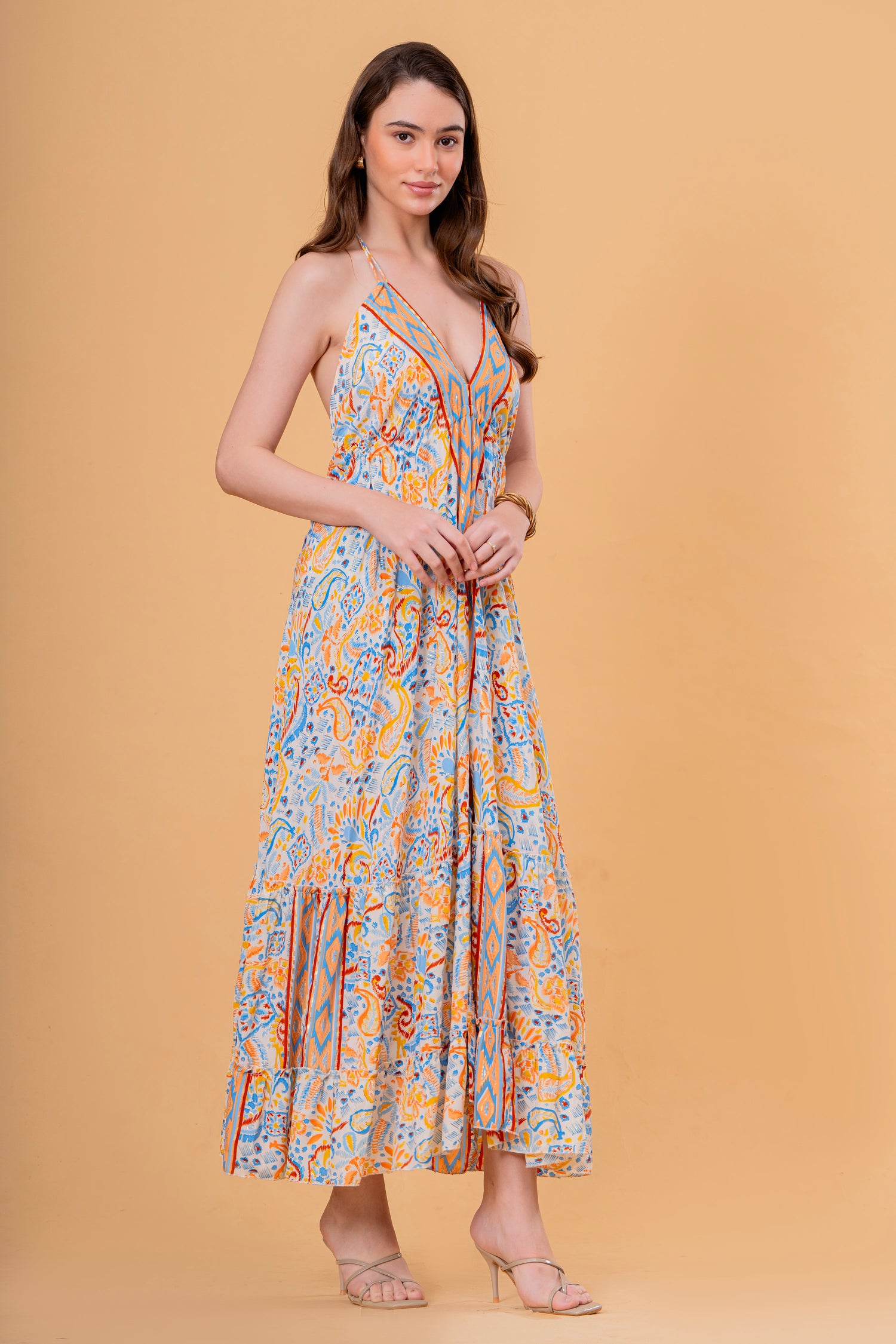 Vestido Maxi de Tirantes con Estampado Étnico y Volante