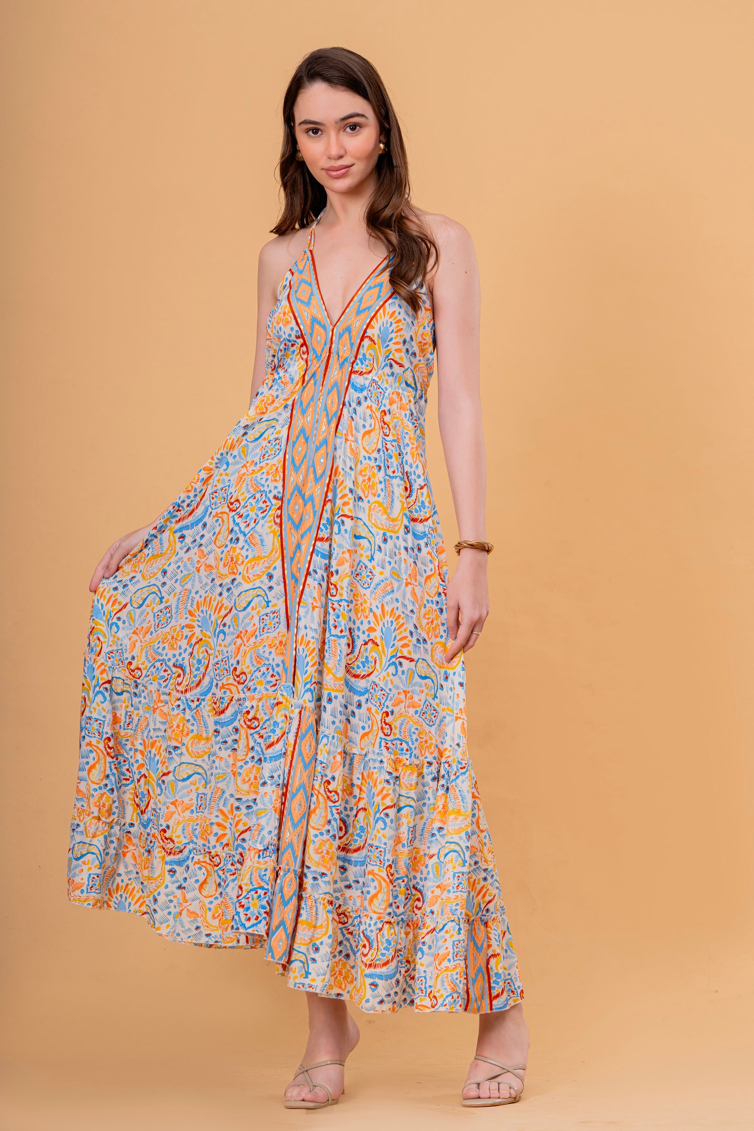 Vestido Maxi de Tirantes con Estampado Étnico y Volante