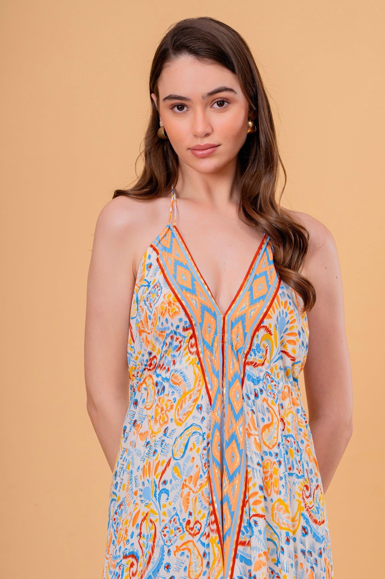 Vestido Maxi de Tirantes con Estampado Étnico y Volante