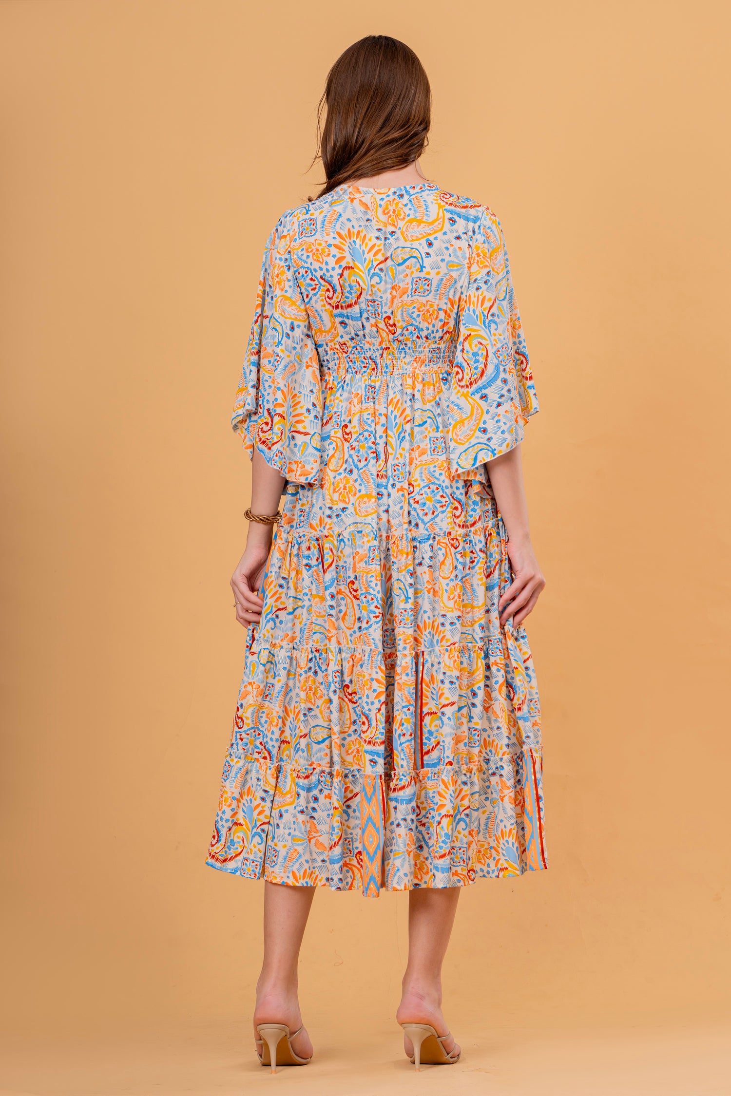 Vestido Midi Manga 3/4 Estampado Étnico con Borlas