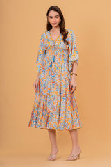 Vestido Midi Manga 3/4 Estampado Étnico con Borlas